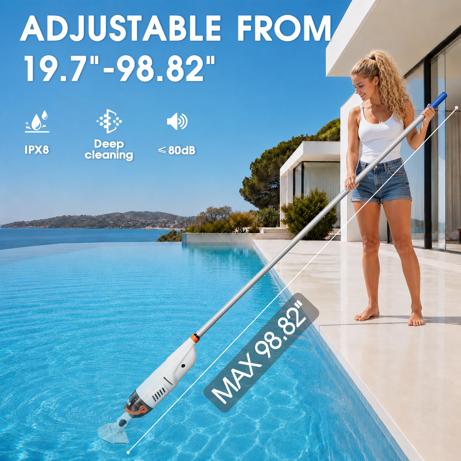 Aspiradora de mano inalámbrica para piscina, spa y jacuzzi, succión de 26.5 GPM, 251 cm, tiempo de funcionamiento de 1 hora, control direccional, limpiador de piscina recargable para piscinas sobre el
