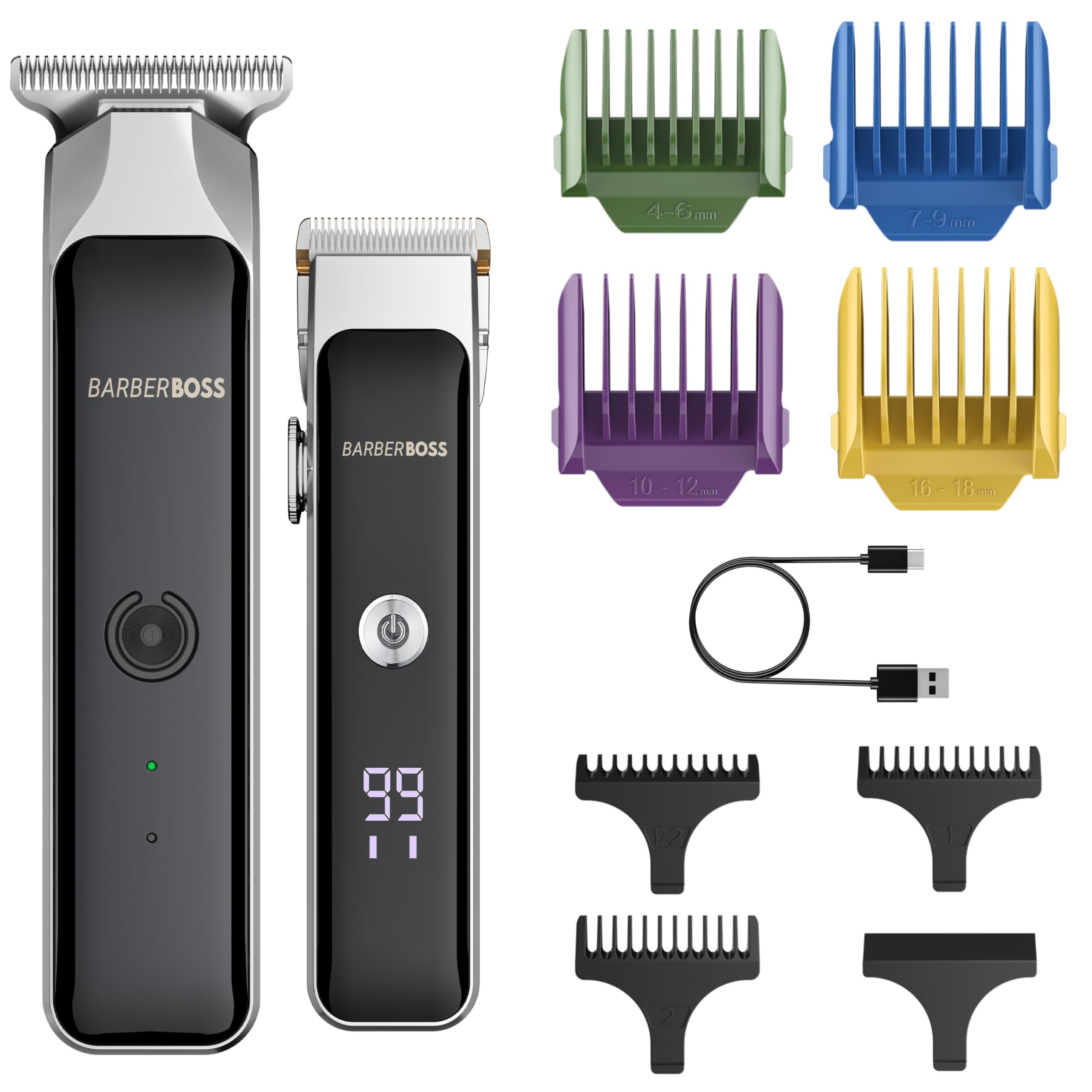 Barberboss Kit tagliacapelli da uomo, senza fili, con 7 pettini, lunghezza regolabile, impostazioni a doppia velocità, ricarica USB e lame in ceramica, tagliacapelli e barba Duo per uomo