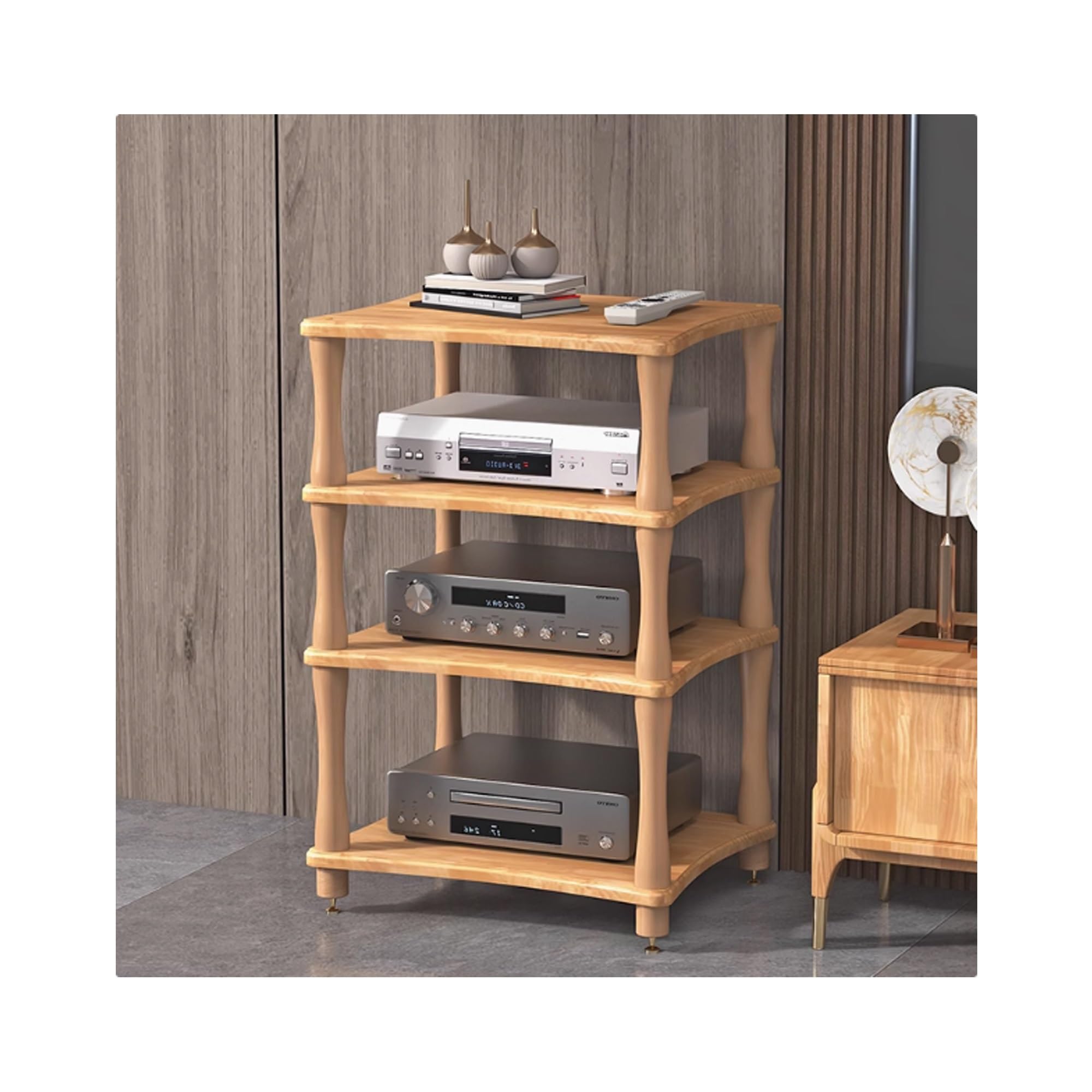 Stojak multimedialny AV, wieża audio do odtwarzacza płyt CD i odbiornika, stylowa szafka ekspozycyjna do salonu, pokoju gier, pokoju nagraniowego, oryginalne drewno, 60 x 48 x 86 cm