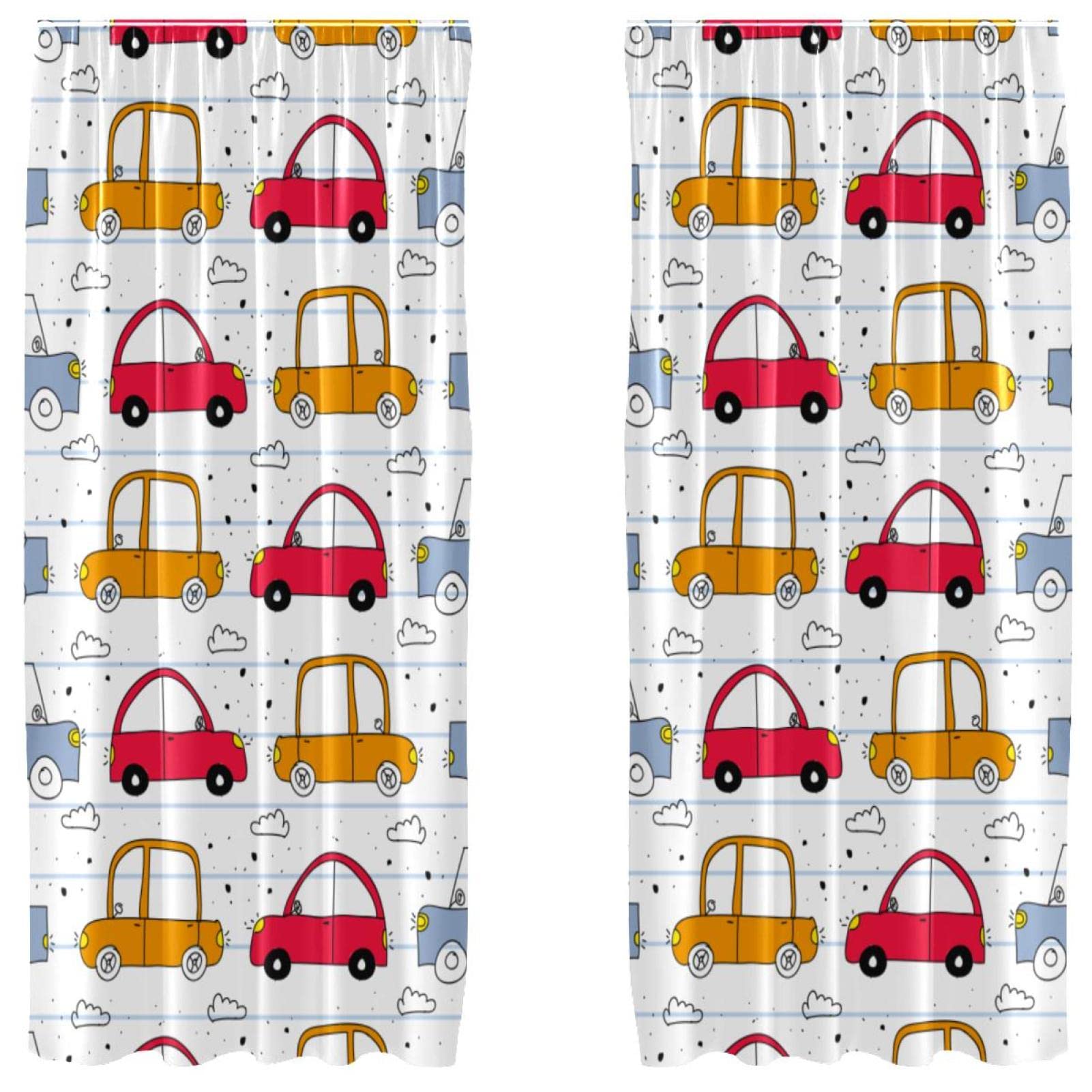 Cortinas de salón y dormitorio naranja y rojo Doodle Car en juego de 2 paneles