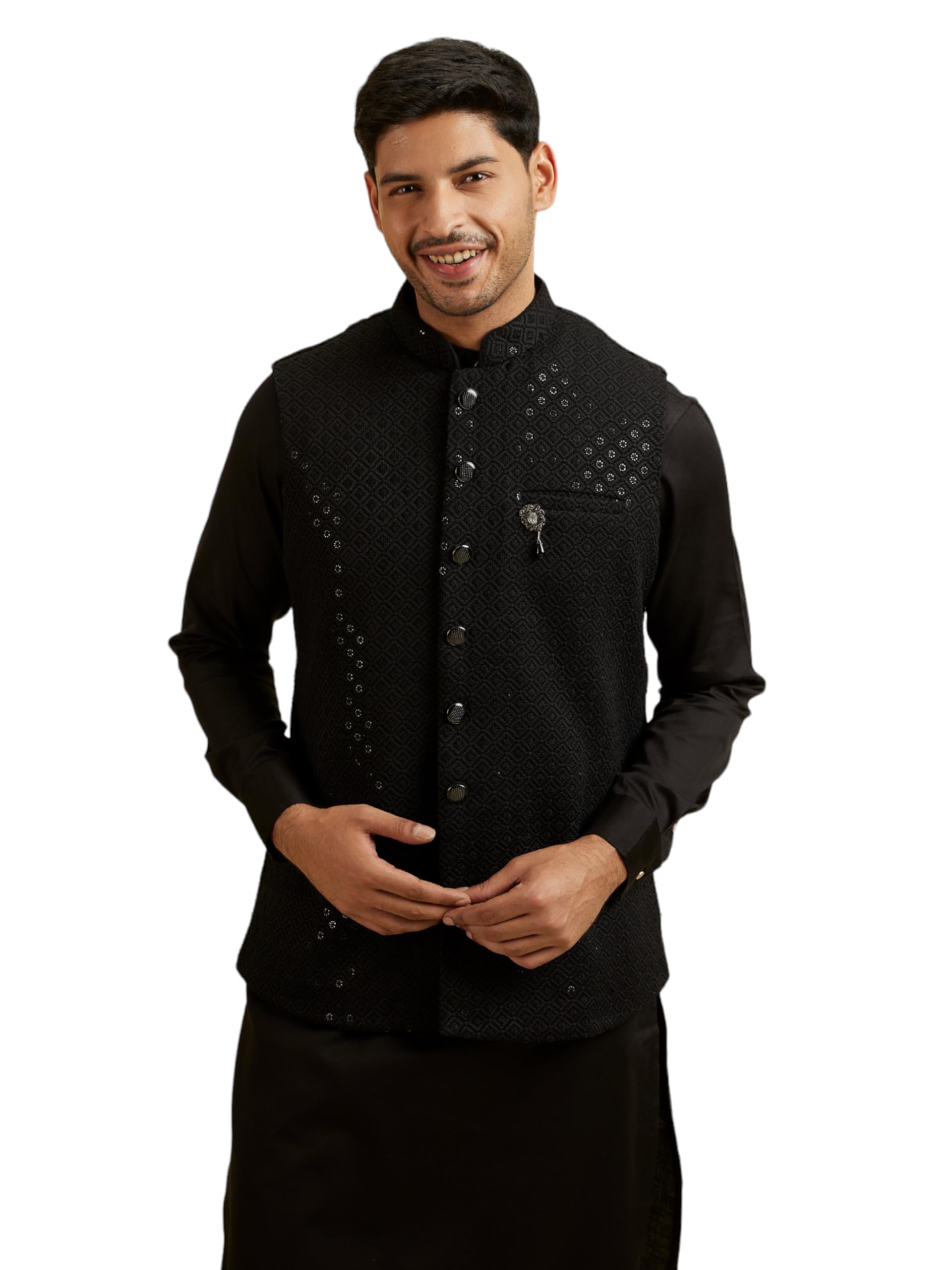 manyavar Men's Viscose Intricate Embroidery & Sequins Kurta Jacket Set (3pcs)-picture-47