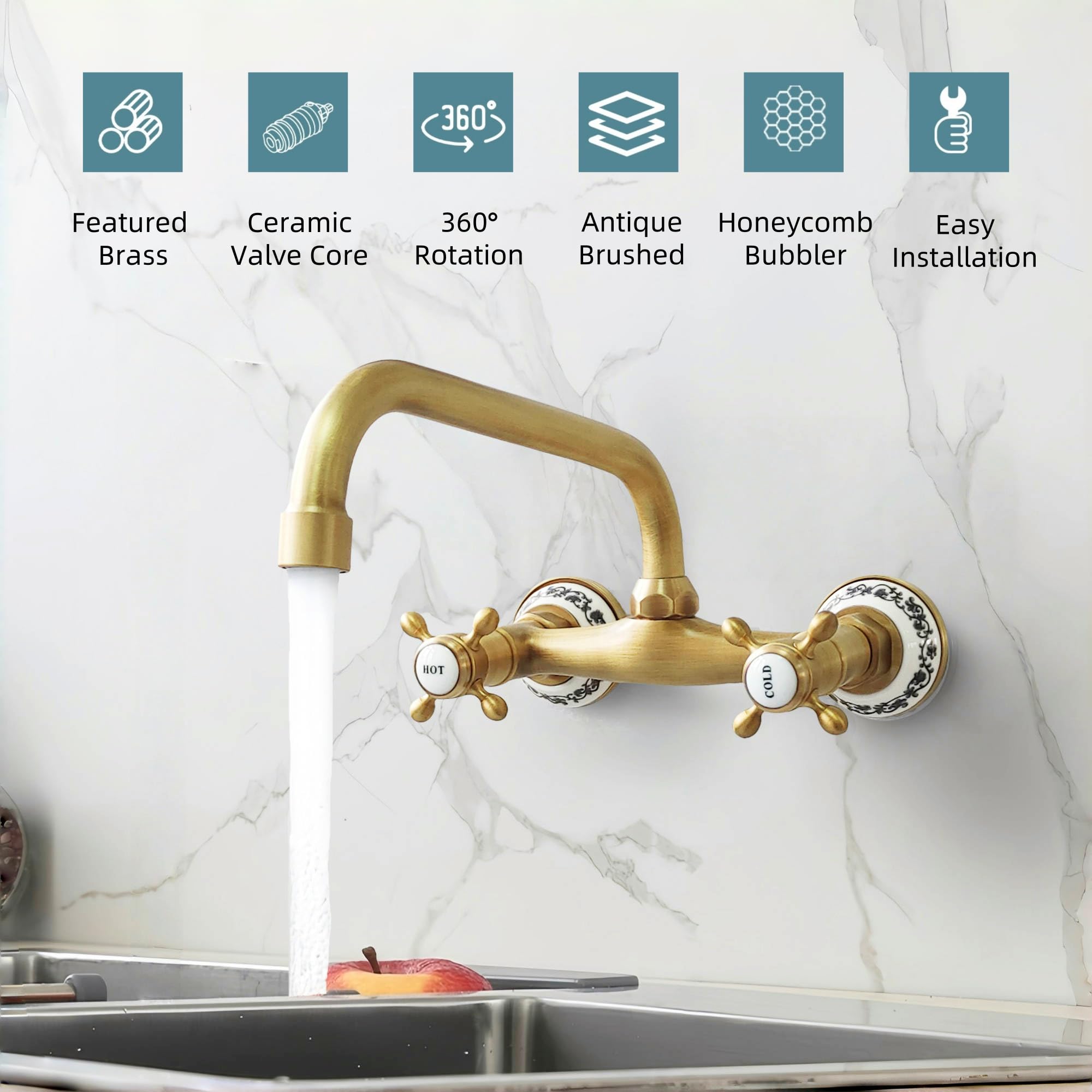 Rubinetto da Cucina a Muro in Ottone Anticato, Vintage Miscelatore Lavello a Parete in Bronzo, Girevole a 360° Doppia Manopola Rubinetti per Bagno e Cucina, Bocca da 23 CM