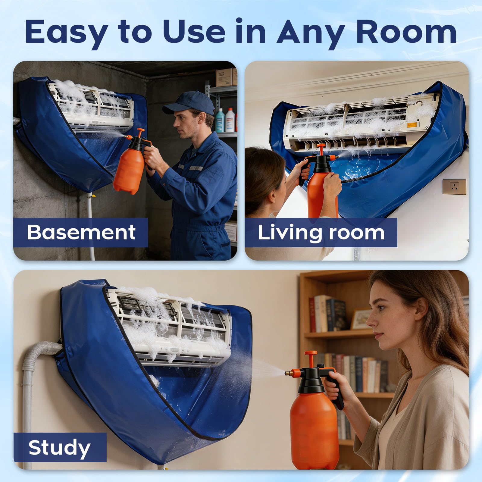 Kit de Limpieza Aire Acondicionado Split, Bolsa de Limpieza Profesional antisalpicaduras con pulverizador a presión 2L, para Aire Acondicionado de Pared y casa, Azul L