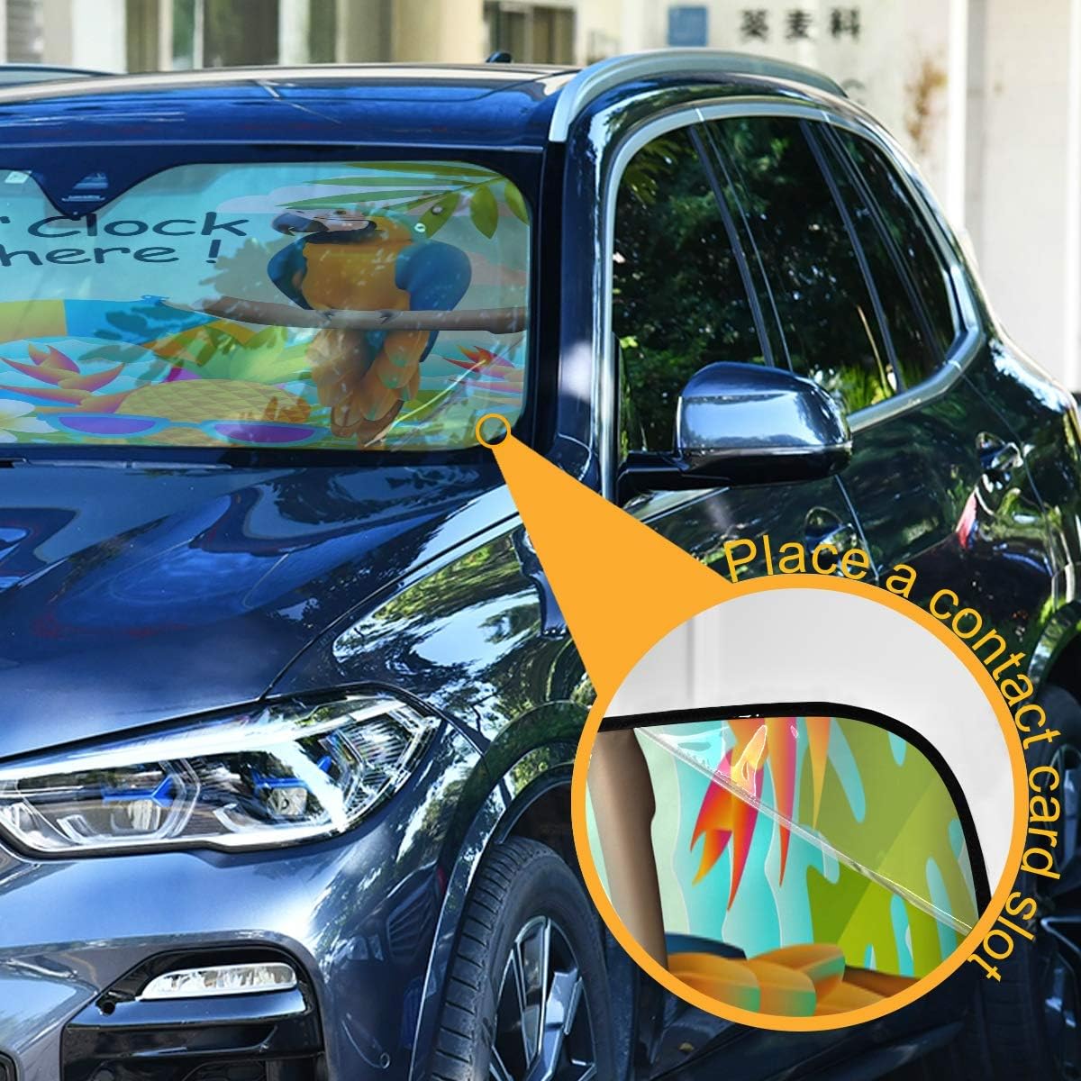 Parrot Pineapple Fruit Palm Car Windshield Sun Shade It's 5 O'clock Somewhere Foldable UV Ray Sun Visor Protector Sunshade to Keep Your Vehicle Cool (55" x 27.6")
