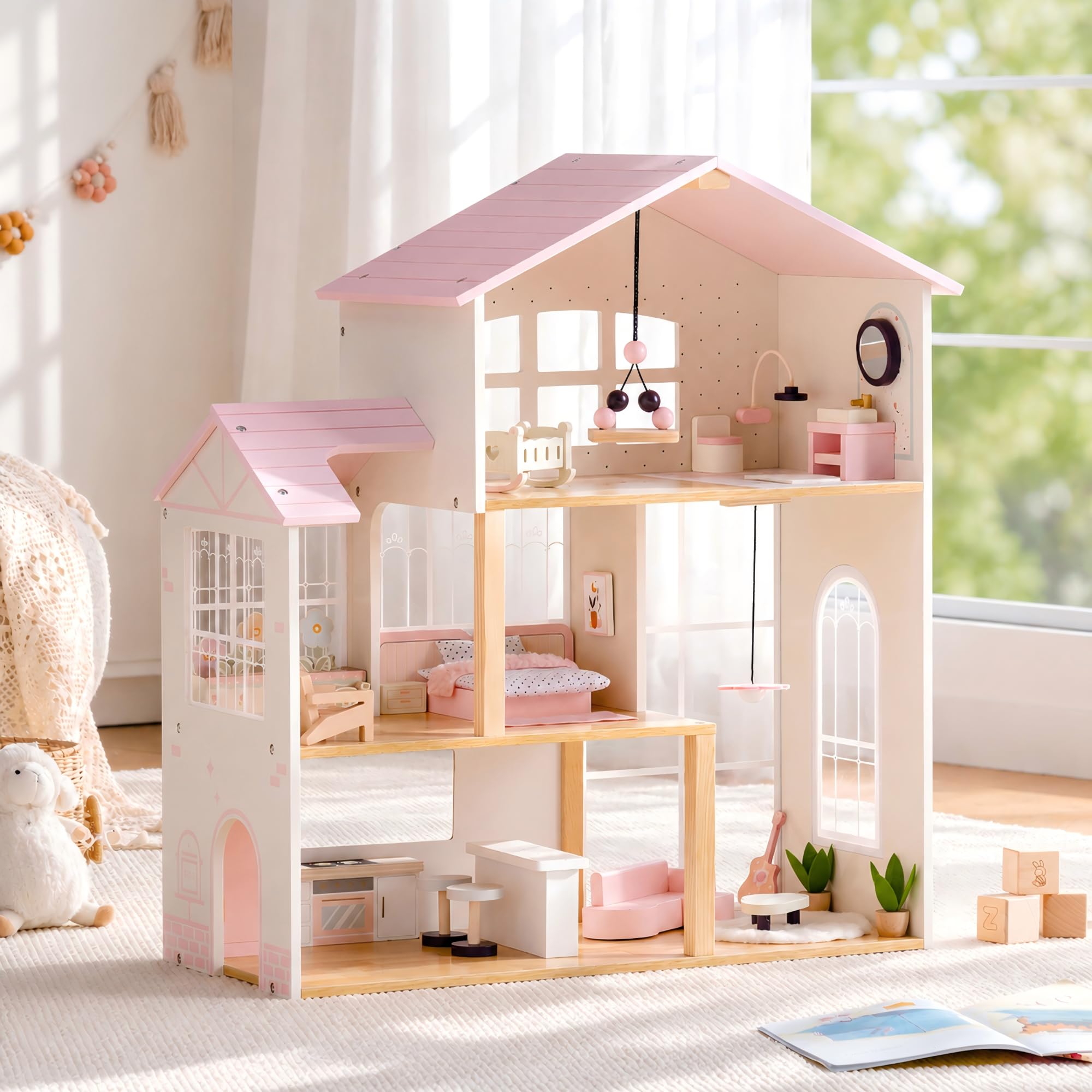 ROBUD Holzpuppenhaus, dreistöckiges Holzpuppenhaus mit 37-teiligem Spielzeugmöbel- und Puppenzubehör-Set–Rollenspiel-Puppenhaus mit 5 Zimmern und Gewächshaus, Spielzeuggeschenk für Kinder ab 3 Jahren