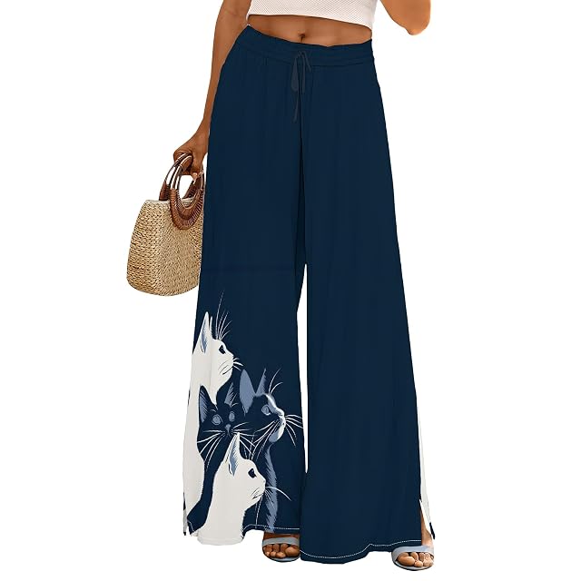 MARSVOVO Wide Leg Palazzo Pants for Women Cute Funny Flowy Elastic High Waist with Pockets Casual Pants for