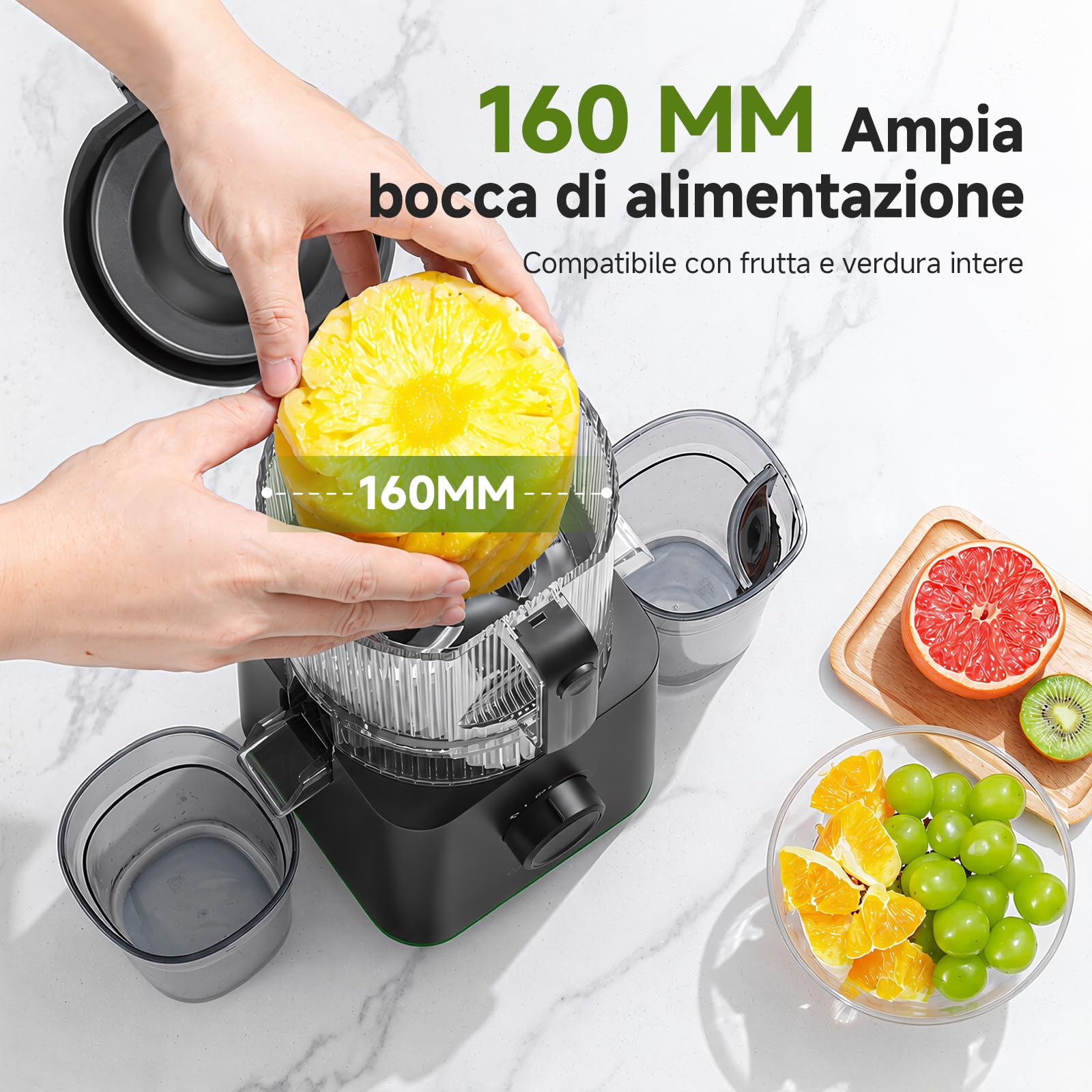 AMZCHEF Estrattore Frutta e Verdura, Frutta e Verdura Intere con Bocca XXL 160 mm, Facile da Pulire, Alta Resa del Succo, Caraffa da 2 L, Estrattore a Freddo per Famiglia, Colazione e Succhi Freschi