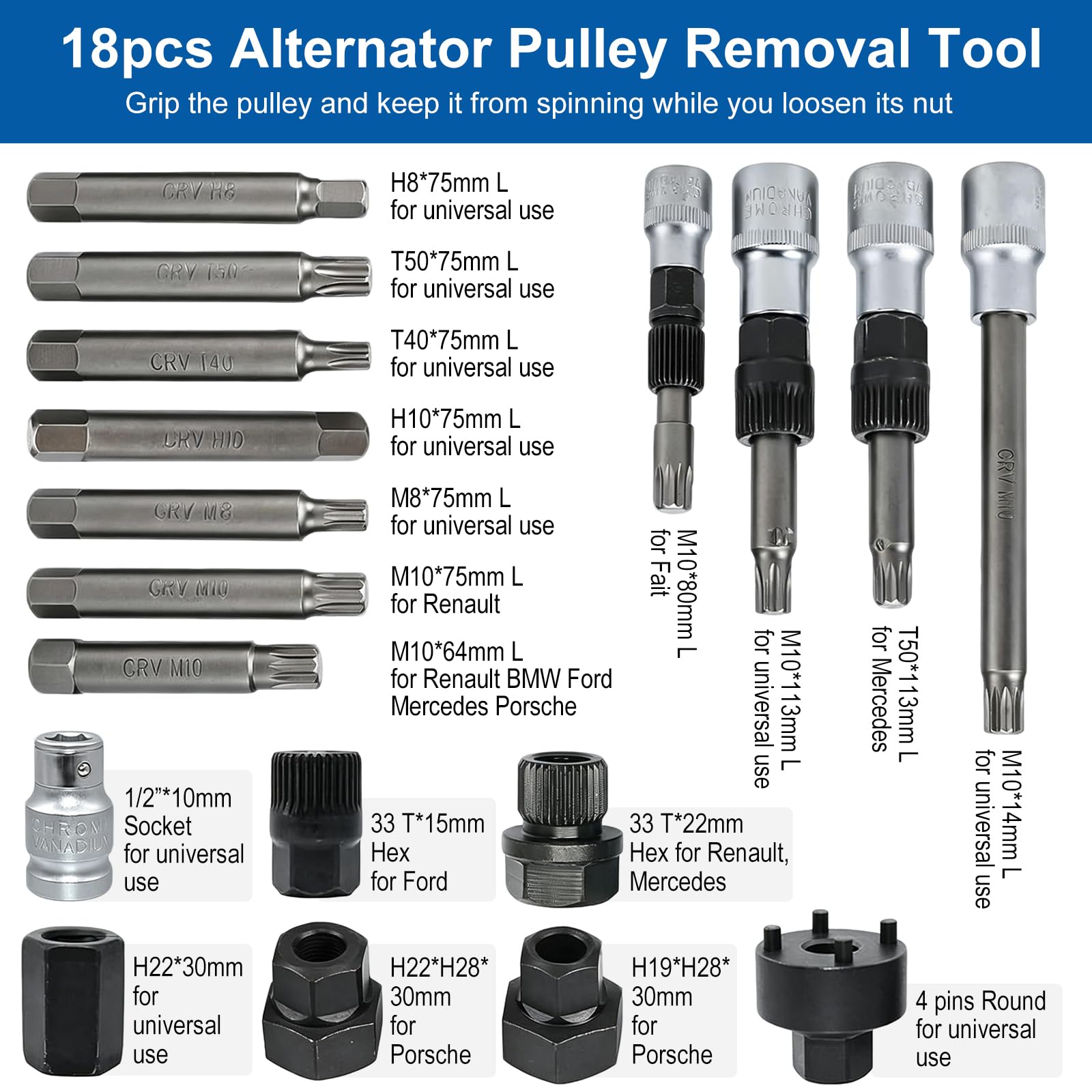 BOOMSTART 18 Pièces Extracteur Poulie Alternateur, 1/2" Coffret Douille Poulies Alternateur, Outil Clé Demonte Arrache Poulie Alternateurs avec 33 Dents T40 T50 pour VW Audi VAG (Bleu)