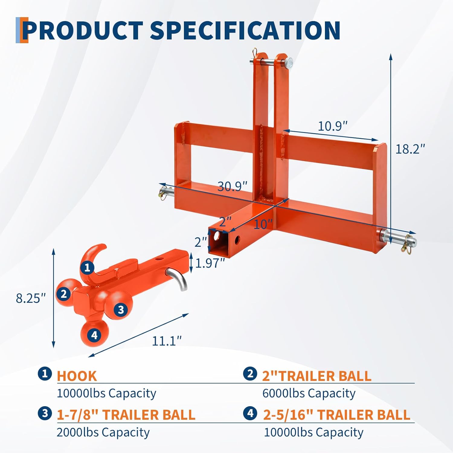 Heavy Duty 3-Point Quick Hitch Receiver for Tractor – Category 1, 10,000 lbs Capacity, Suitcase Weight Brackets & Towing Ball Included, Compatible with Kubota, Kioti, Yanmar –