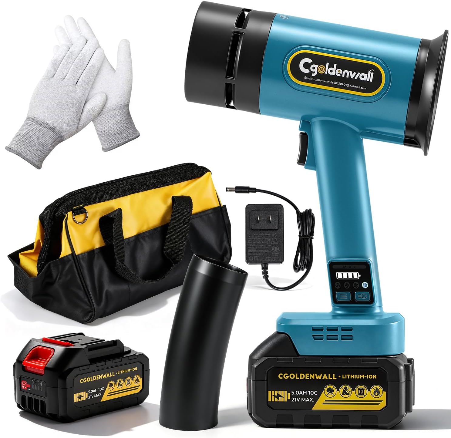 CGOLDENWALL Turbo Dryer Blower for Car, 670CFM, 4Lb Thrust Car Dryer Air Blower with 2 Extended Tube & LED, 2 Battery and Charger, Super Electric Leaf Blower for Car/Lawn/Garage/Patio/Yard(5.0Ah)