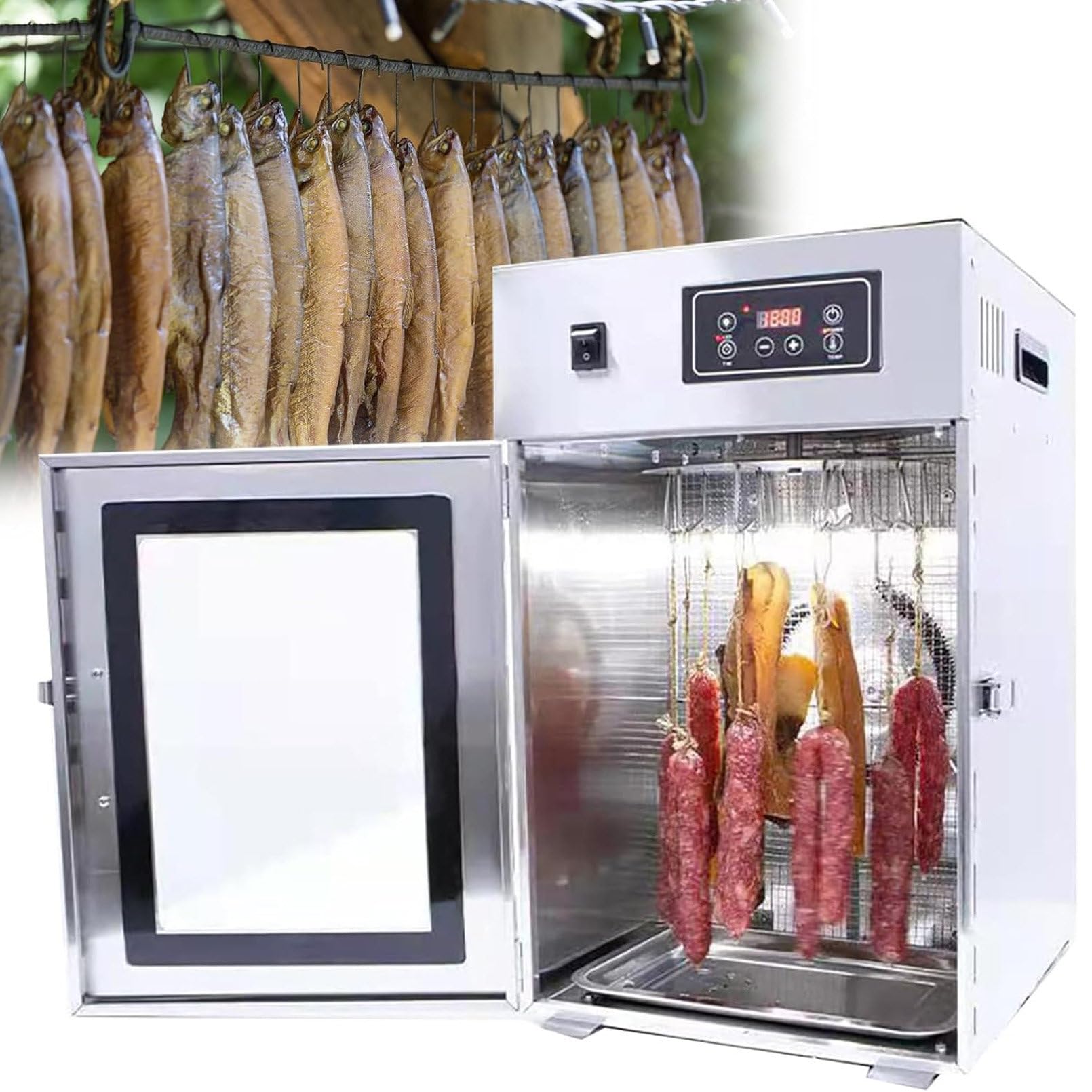 Secador de Alimentos (7,5 kg a la Vez), secador de Carne y Frutas, secador de Carne Giratorio de 30 a 90 ℃, deshidratador de Carne Seca con Temporizador Digital de Horas para Salchichas