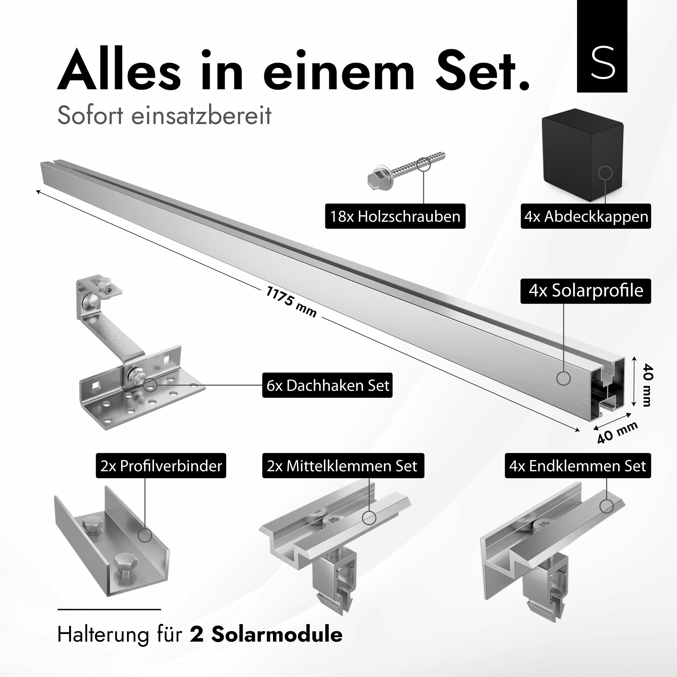 PV Halterung Ziegeldach für 2 Solarmodule (30-40 mm) mit EASY-CLICK Klemmen