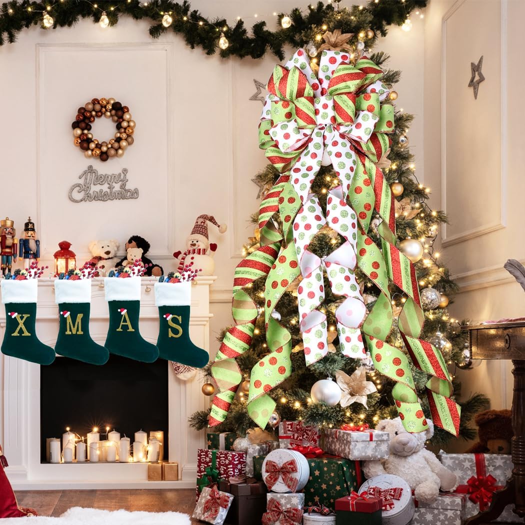 Christmas Tree Topper Wreath Bow Large Green Christmas Bow Tree Topper, 45"x13" Red Green Dot Polyester Gift Ribbon for Xmas Ornament Holiday Home Wedding Thanksgiving Indoor/Outdoor Decoration - Image 7