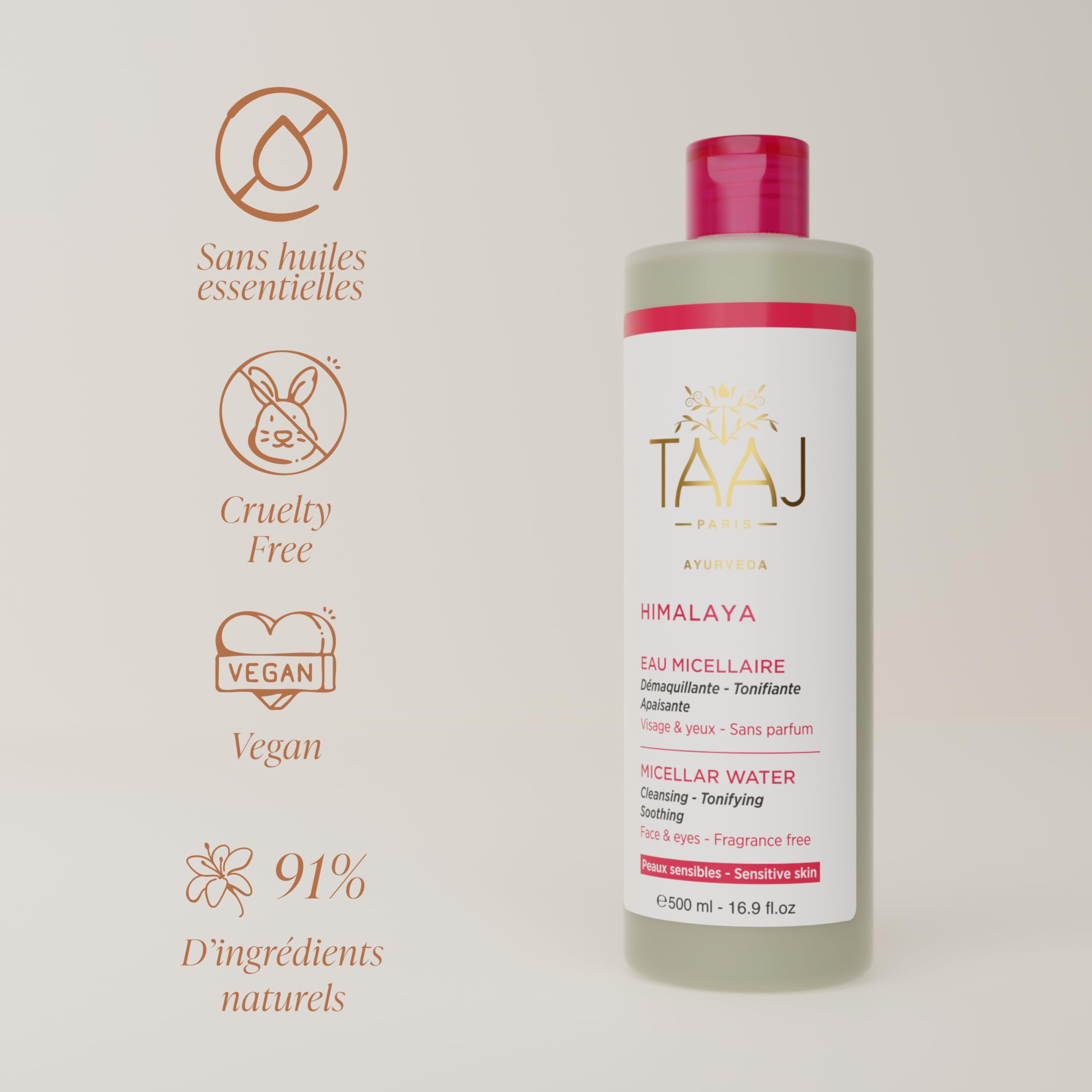 TAAJ | Eau Micellaire Hymalaya | Nettoie et Démaquille | Élimine les Impuretés | Peau Parfaitement Douce et Souple | Peaux sensibles | Fabriqué en France | Végan | Cruelty Free | 2x500ML