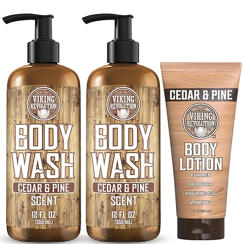 Viking Revolution Gel de baño de cedro y aceite de pino para hombre y loción corporal de cedro y pino para hombres - Gel de baño natural para hombre