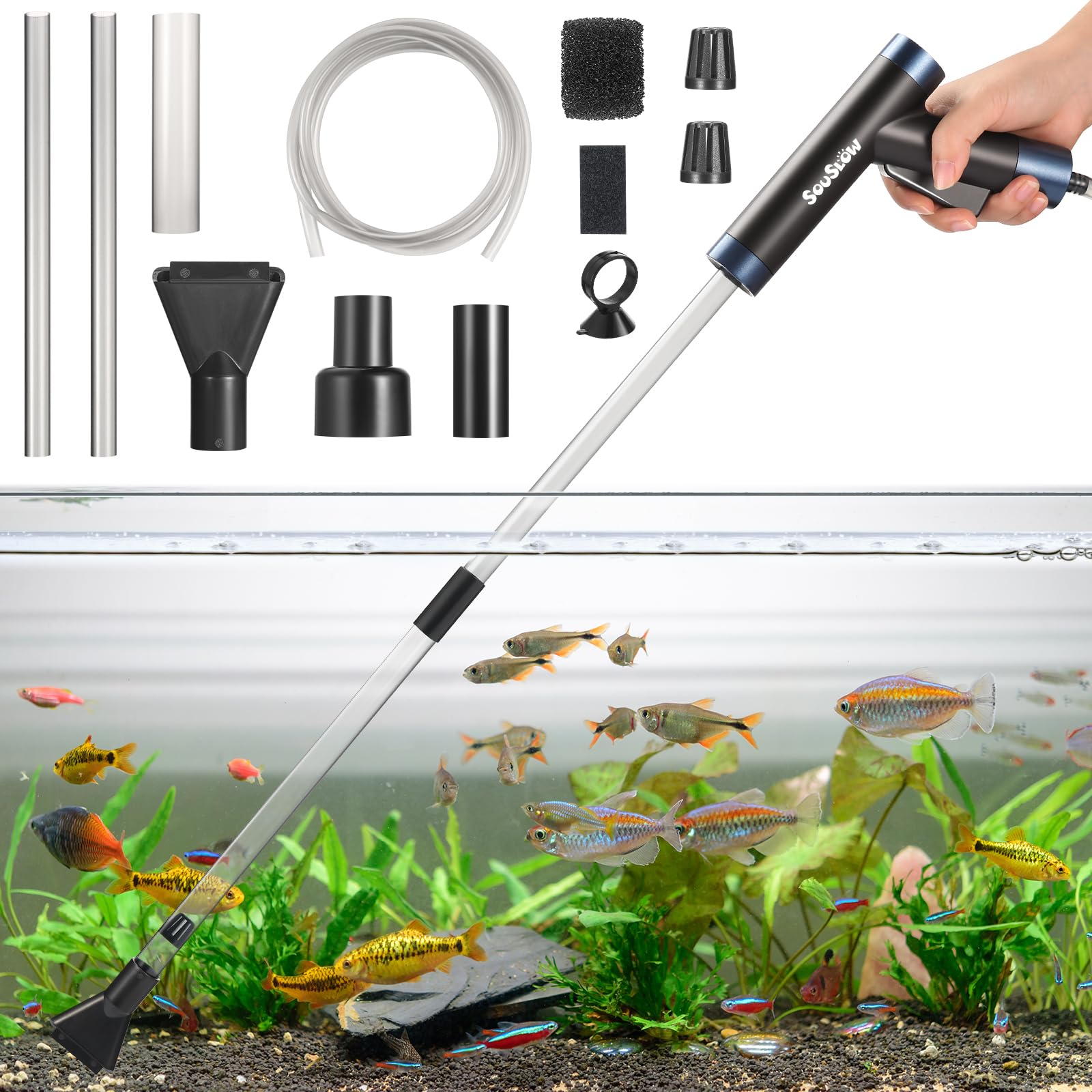 SOUSLOW Limpiador de Grava para Acuarios, Cambiador de Agua de Vacío Manual Extraíble Limpiador de Arena y Algas Filtro Cambiador