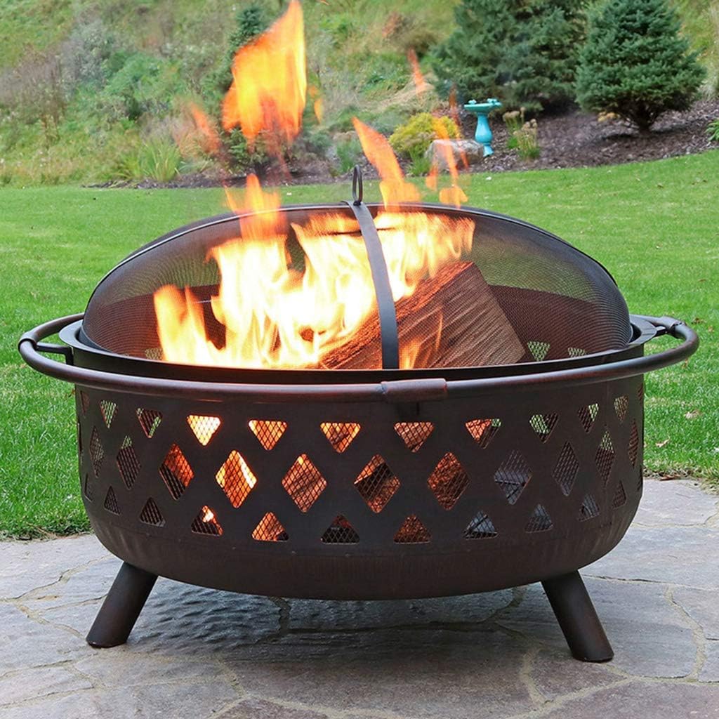 Garden Fire Pit Grill Bowl Grill Barbecue Rack Outdoor Fire Pit,Garden Light Fire Pit Large Bonfire Wood Burning Patio & Backyard Firepit-Outside with Spark Screen Poker Round Fireplace Cover