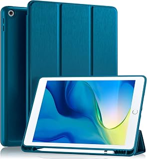 Akkerds Case Compatible with iPad 10.2 Inch 2021/2020 iPad 9th/8th Generation & 2019 iPad 7th Generation with Pencil Holder, Protective Case with Soft TPU Back, Auto Sleep/Wake Cover, PeacockBlue