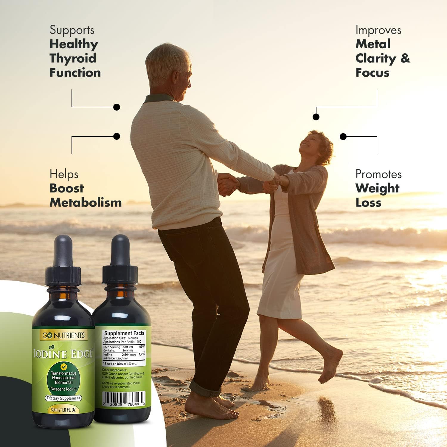 Go Nutrients Nascent Iodine Supplement - High Potency Liquid Drops - Non-GMO, Gluten-Free Iodine Edge Supplement - 30 ml (1.0 fl oz) : Health & Household