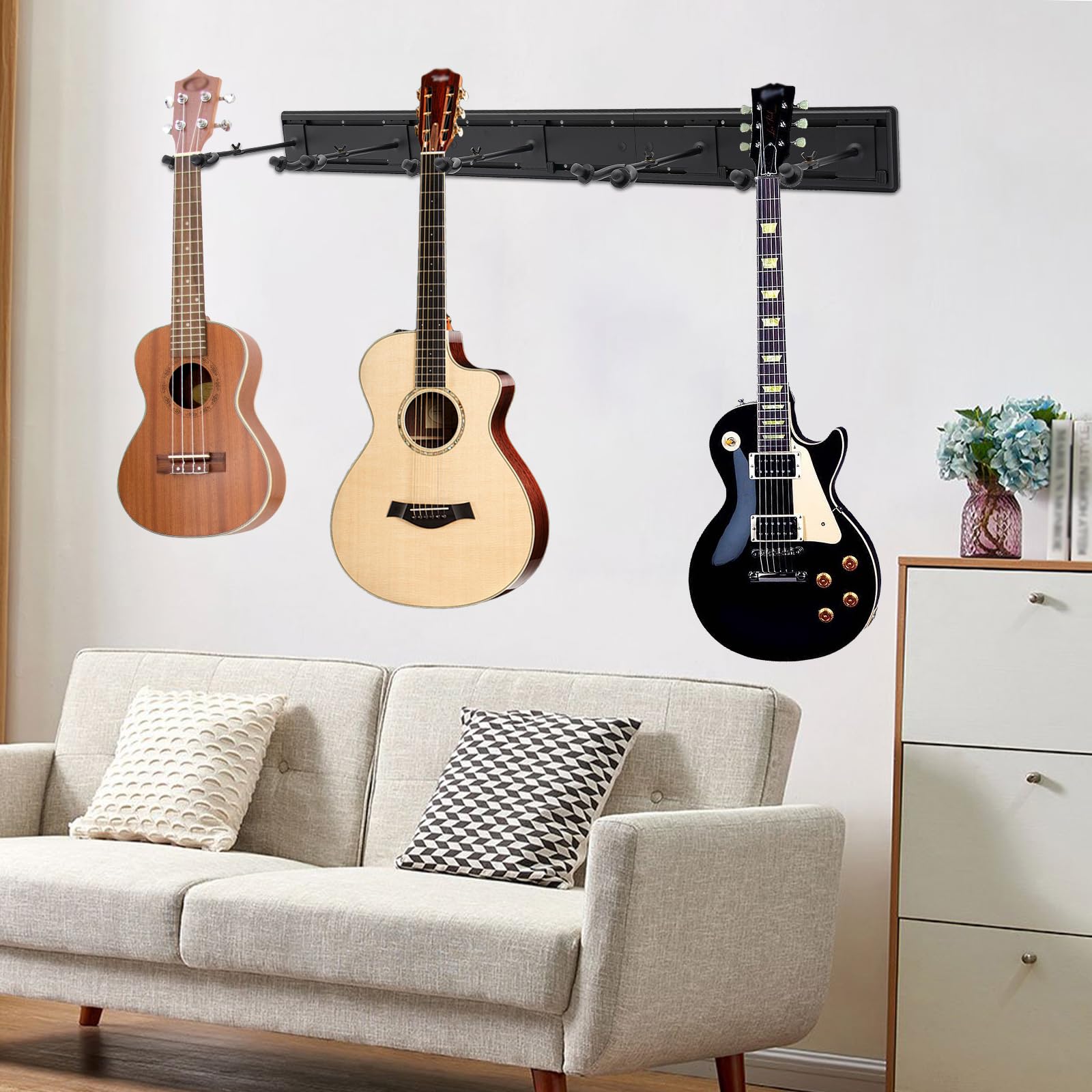 Schwarz Wandhalterung für Gitarre, Gitarren Rack, 5 Haken Gitarrenhalterung, Haken um 180° Verstellbar, für das Schlafzimmer, Wohnzimmer, Musikzimmer