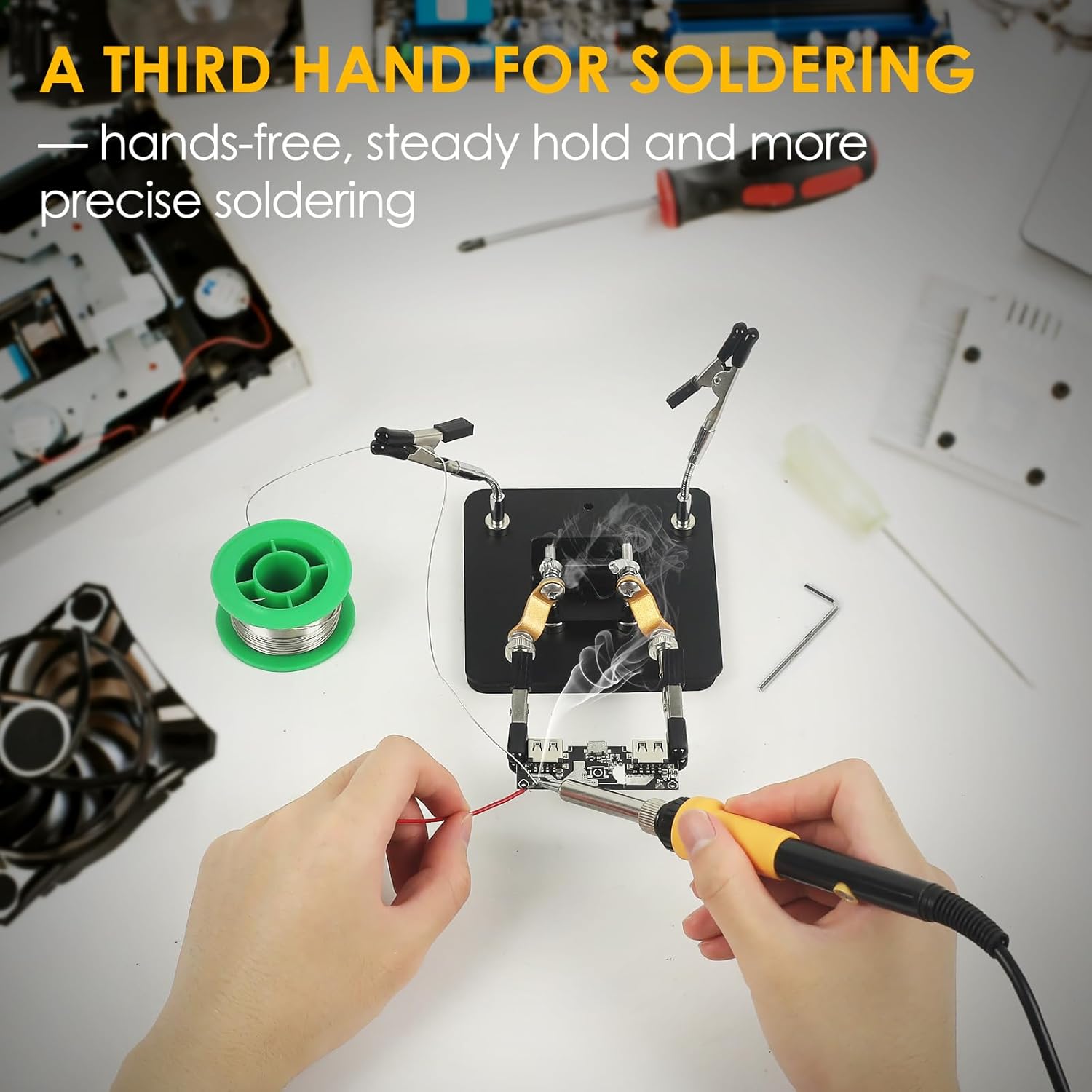 Helping Hands Soldering Station Holder with Storage Box, Third Hand Tool with 4×4" Metal Non-slip Base and Adjustable Arms, Clamp Stand for Electronics, PCB Repair and DIY, Craft