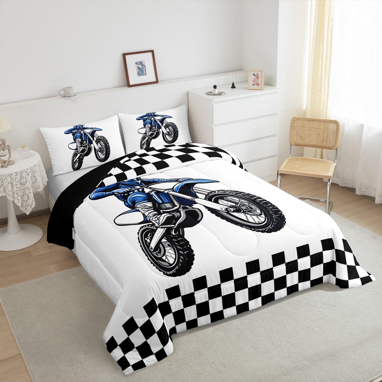 Feelyou Dirt Bike Bedding Set Kids Boys Girls Twin Size Racing Motocross Rider Comforter Set Teen Adult Ultra Soft Black and White Check Comforter Extreme Sports Duvet Quilt Motorcycle Racer Quilt