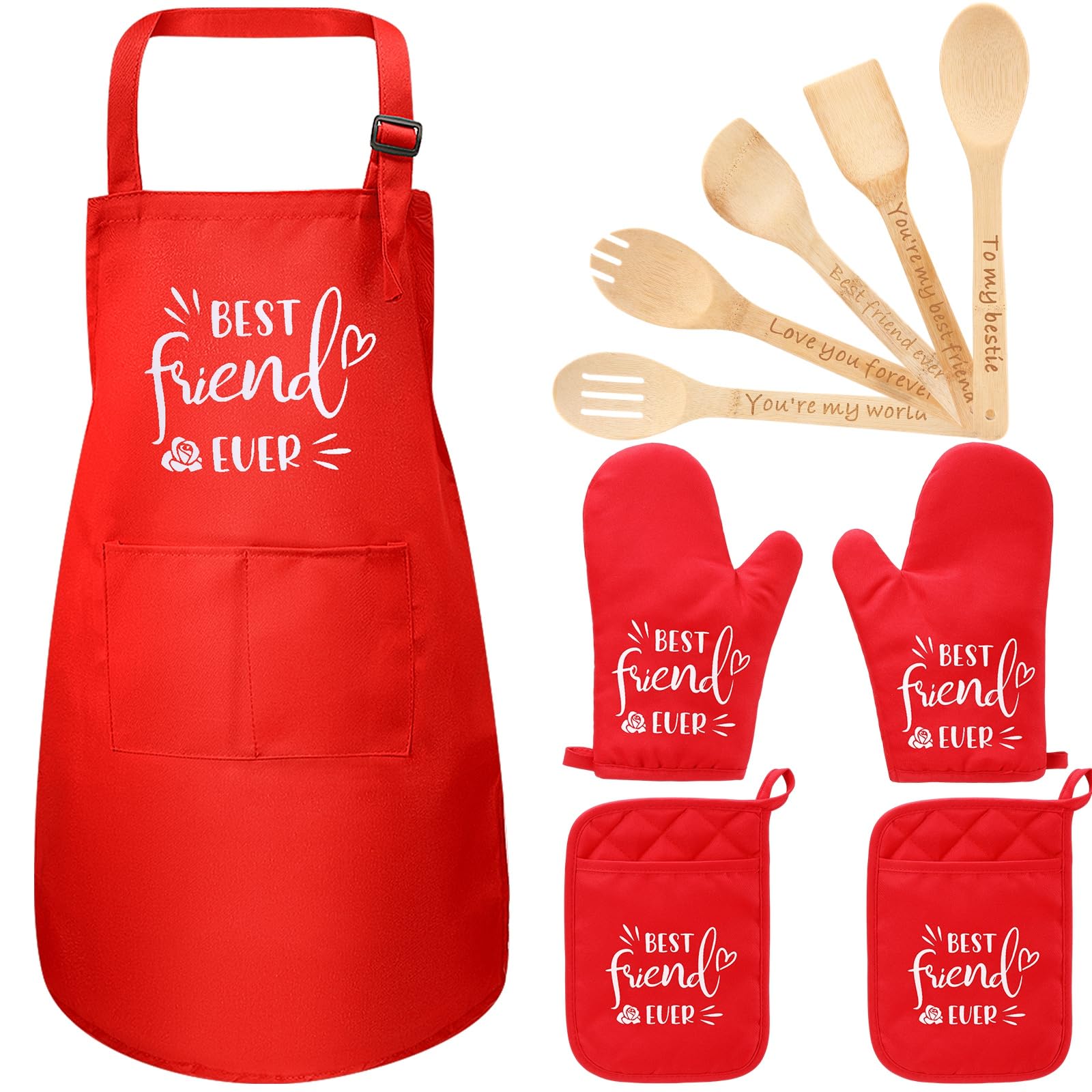 10 Pcs Birthday Friendship Gifts for Women Friend Kitchen Utensils Set Cooking Bamboo Spoons with Apron Oven Mitts and Potholders, Friendship Best Friend Ever Gifts Ideas for BFF Besties Sister