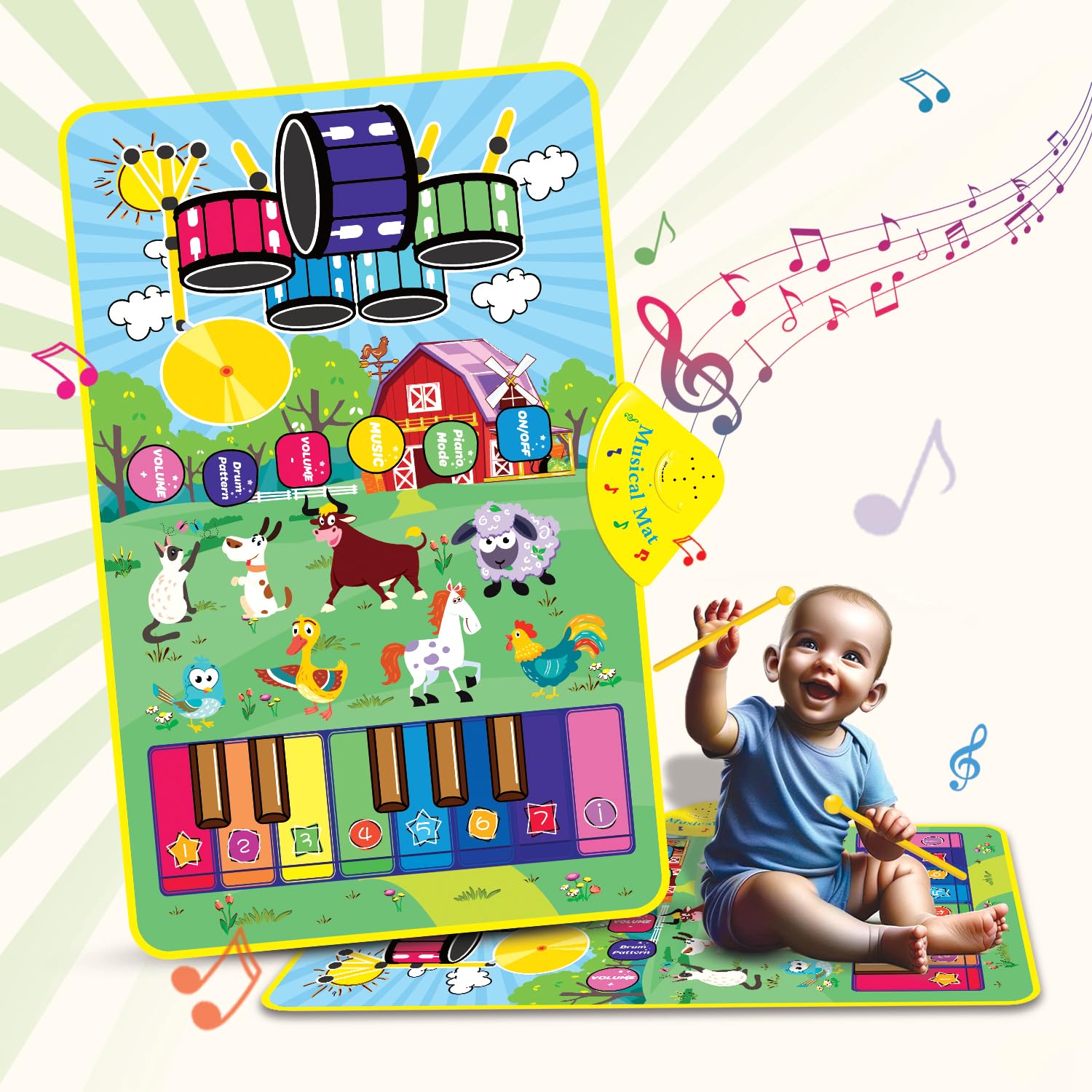 CAREIT 3-in-1 (Bull & Sheep ) Piano Mat for Toddlers, Piano & Drum Mat with 2 Sticks, Featuring Animal, Piano, and Drum Sounds, Educational Toy for 12 Months+, Ideal for 1-3 Year Toddler - Design 1 (B0DH8CTGVN) Amazon Price History, Amazon Price Tracker