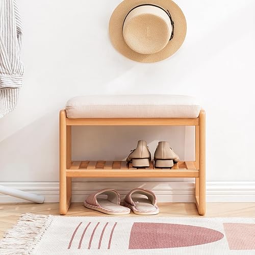 Miniatura 13 de Banco de zapatos de madera, banco de almacenamiento de 2 niveles con asiento acolchado acolchado, banco de entrada con almacenamiento de zapatos,
