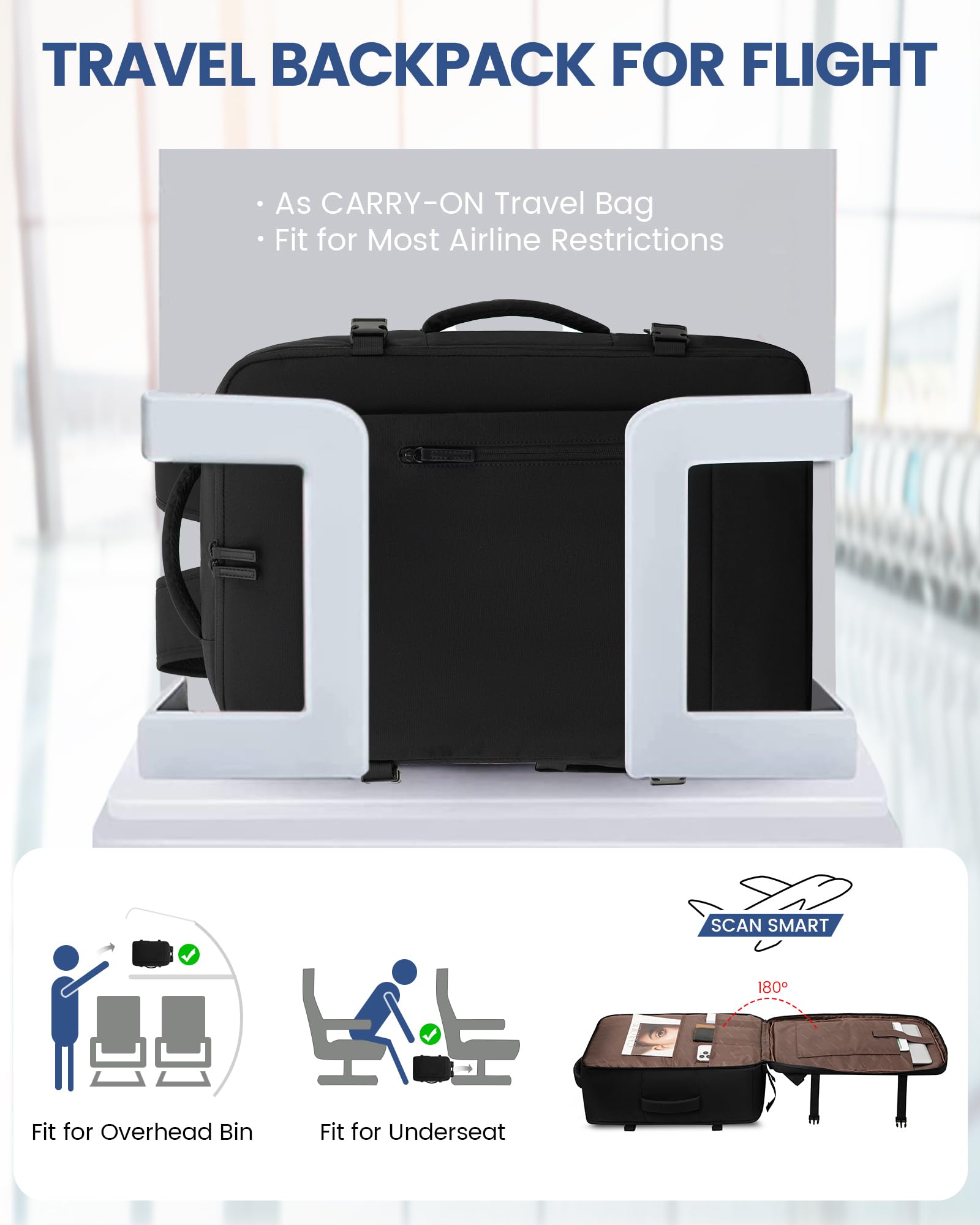 LOVEVOOK Zaino da Viaggio Aereo Bagaglio a Mano 45L Grande Borsa da Cabina per Voli Impermeabile Antifurto Zaino Viaggio Uomo Donna 18 Pollici Zaino Porta PC per Scuola Lavoro Trekking, Nero