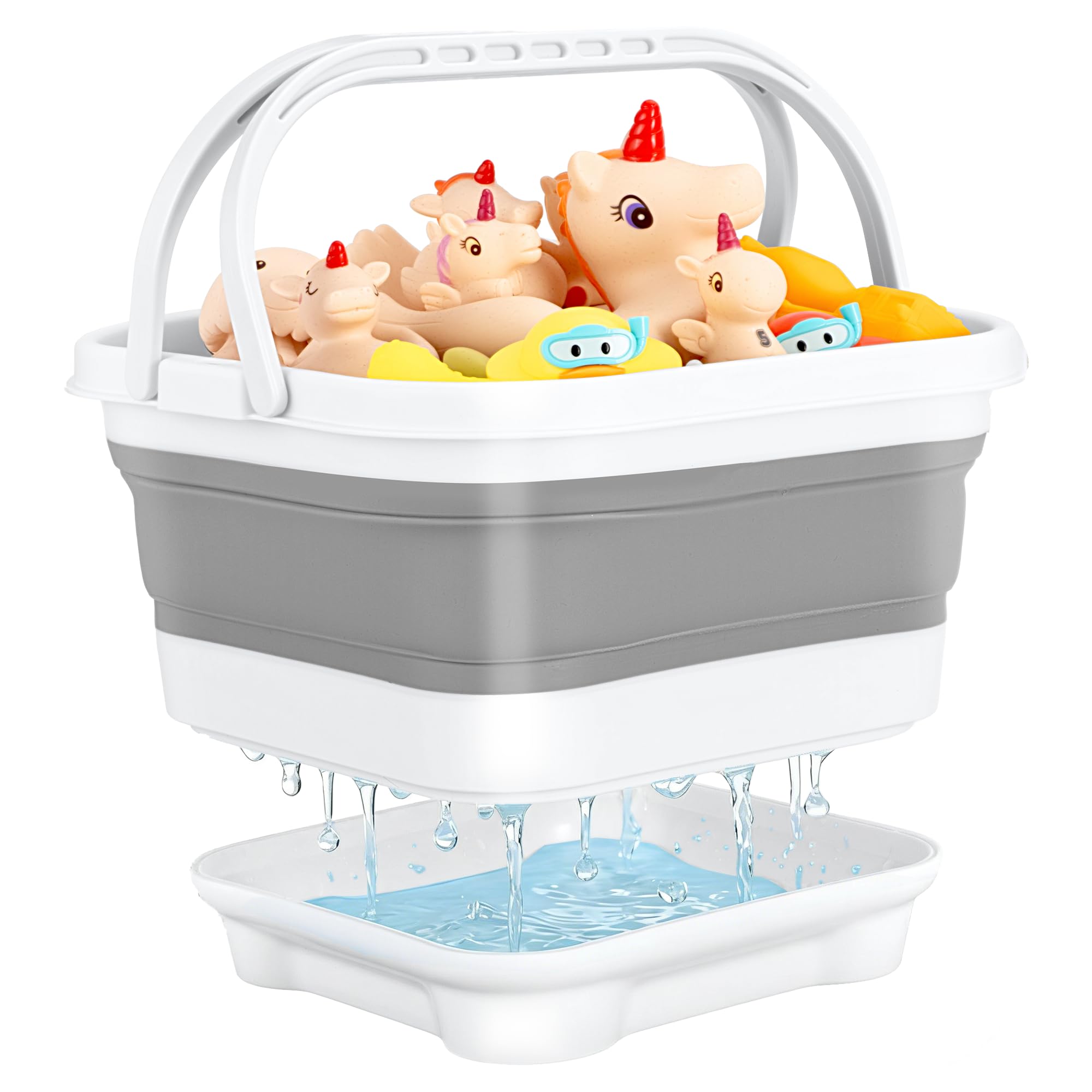 Foldable Bath Toy Storage, Silicone Basket with Drip Tray, Grey