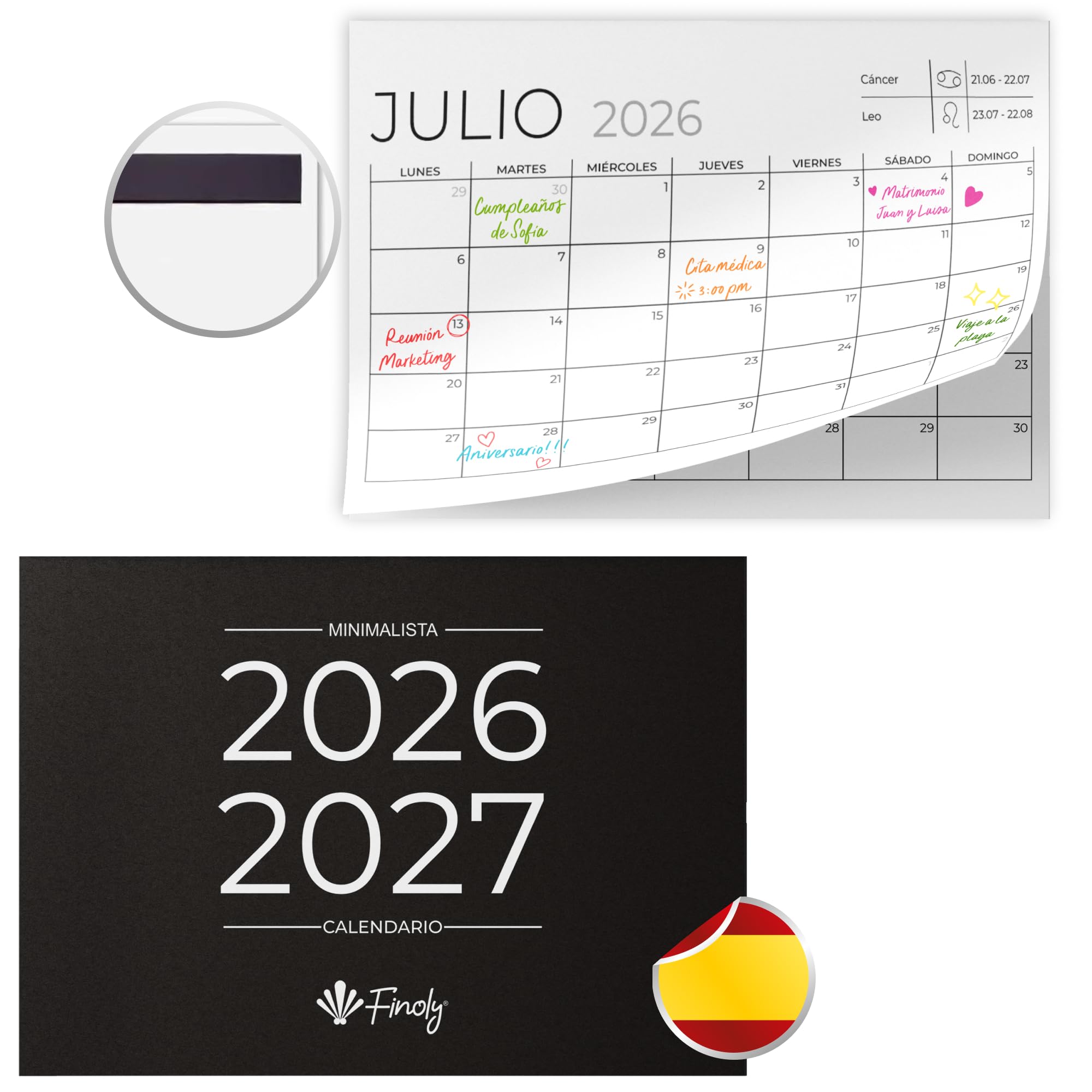 Finoly Magnetic Calendar for Fridge January 26 to December 26 in Spanish (12 Months) | Fridge Calendar Magnetic | Kitchen Planer Organizer 2026 | 30x21 cm