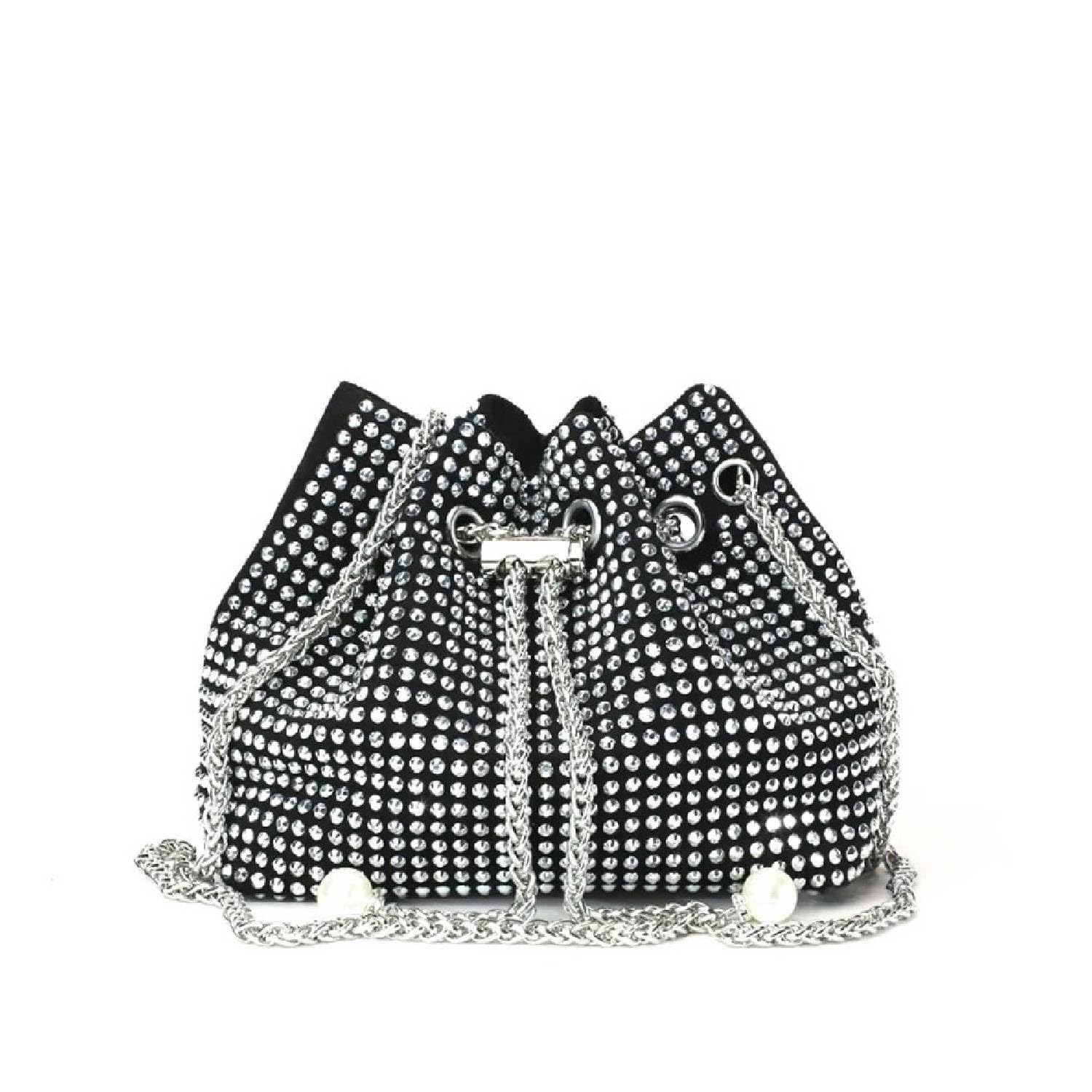 Rhinestone Bucket Bag Mini Evening Handbags Crystal Clutch For Women Drawstring Crossbody Sling Bags with Chain Stylish Potli Bags Ladies Glitter Purse Wallet for Party Wedding Bling