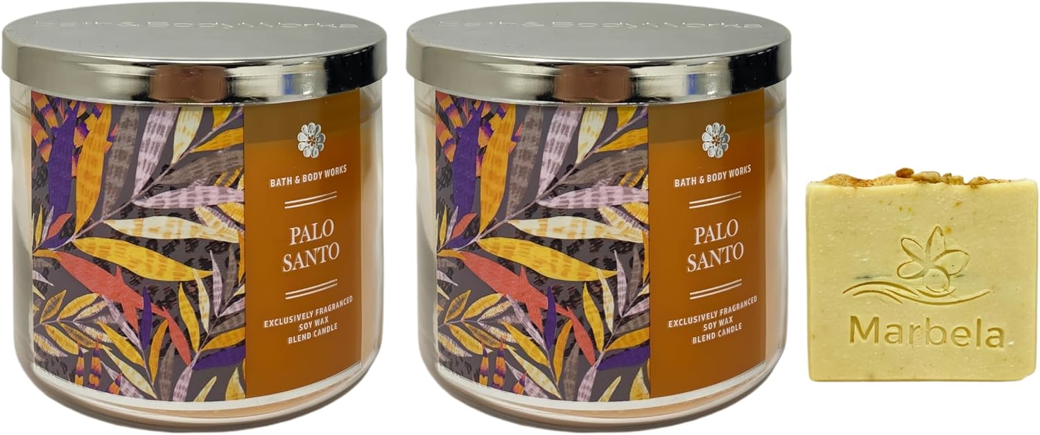 Bath & Body Works Palo Santo 2 Piece 3-Wick Scented Candles with a Perfectly Peeled Bar Soap