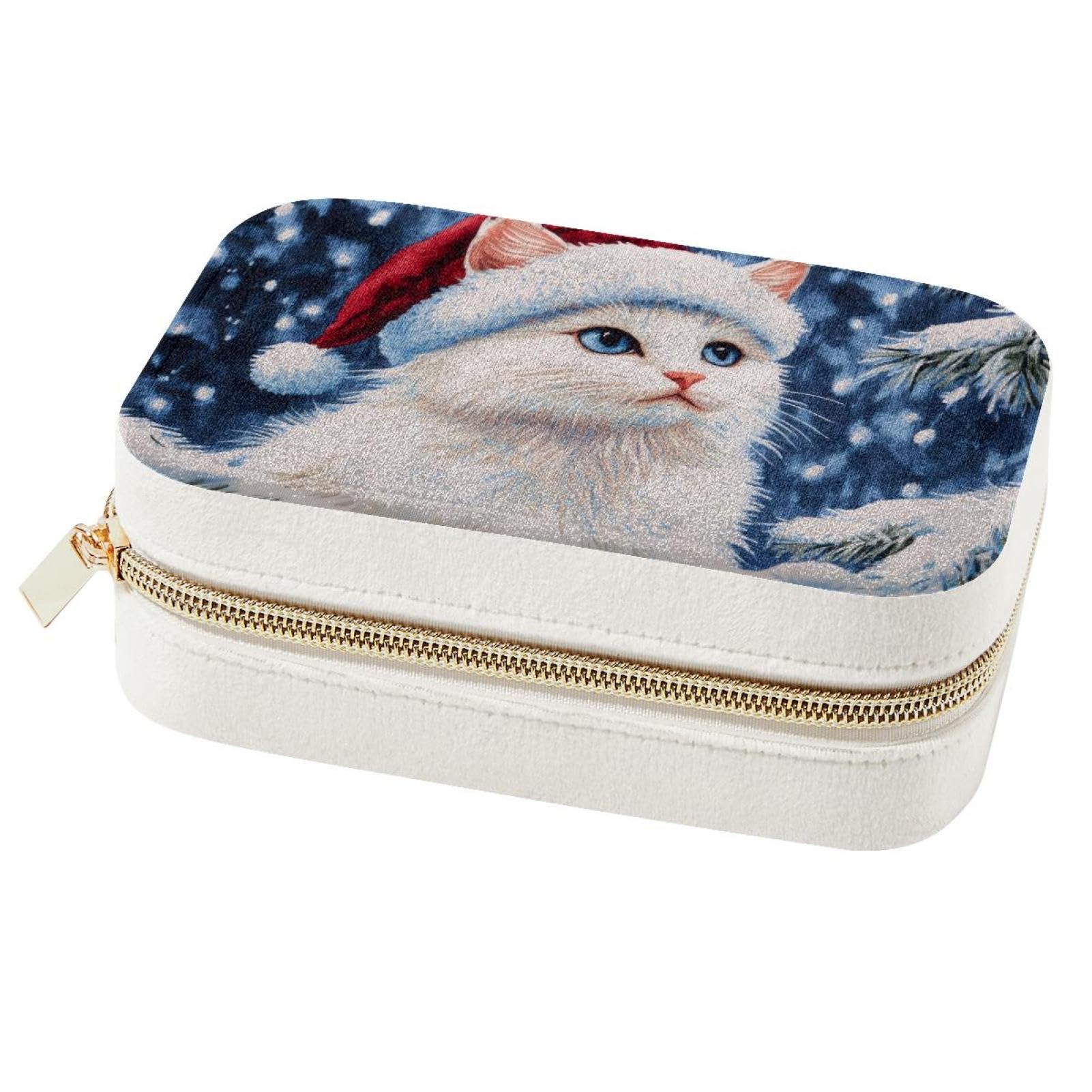 Boîte à bijoux de Noël chat blanc rangement bagues voyage