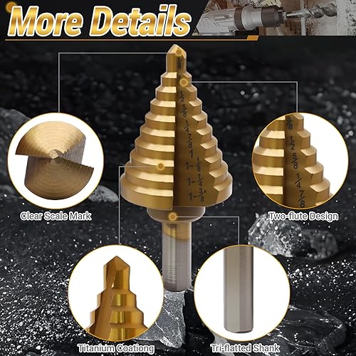 Miniatura 4 de Uenhoy Broca escalonada de titanio de 14 a 1-38 pulgadas, 10 tamaños de brocas de acero de alta velocidad para corte de agujeros, agujero HSS