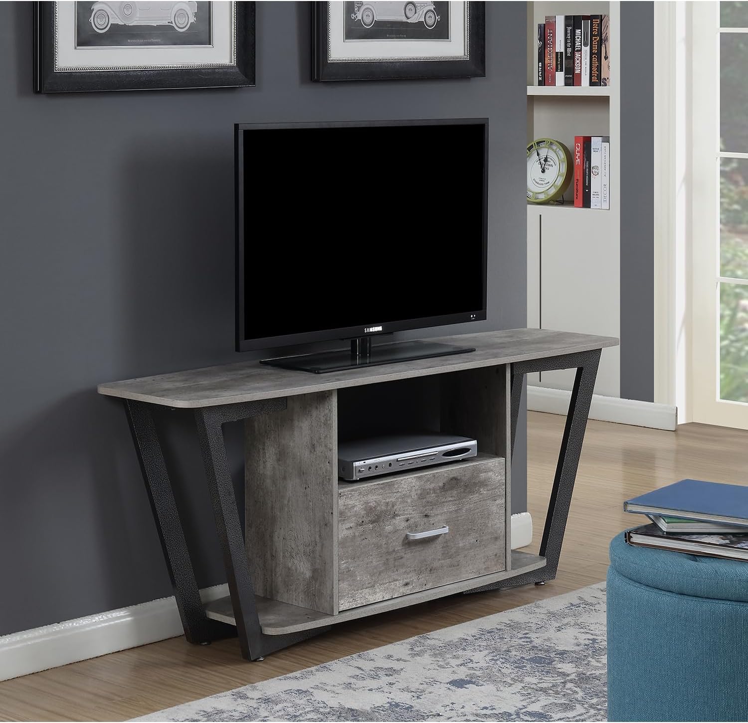HomeStock Timeless Trends 60 Inch 1 Drawer Tv Stand with Shelves in Faux Birch/Gray - Industrial Style with Spacious Drawer and Multi-Level Shelves for Modern Living