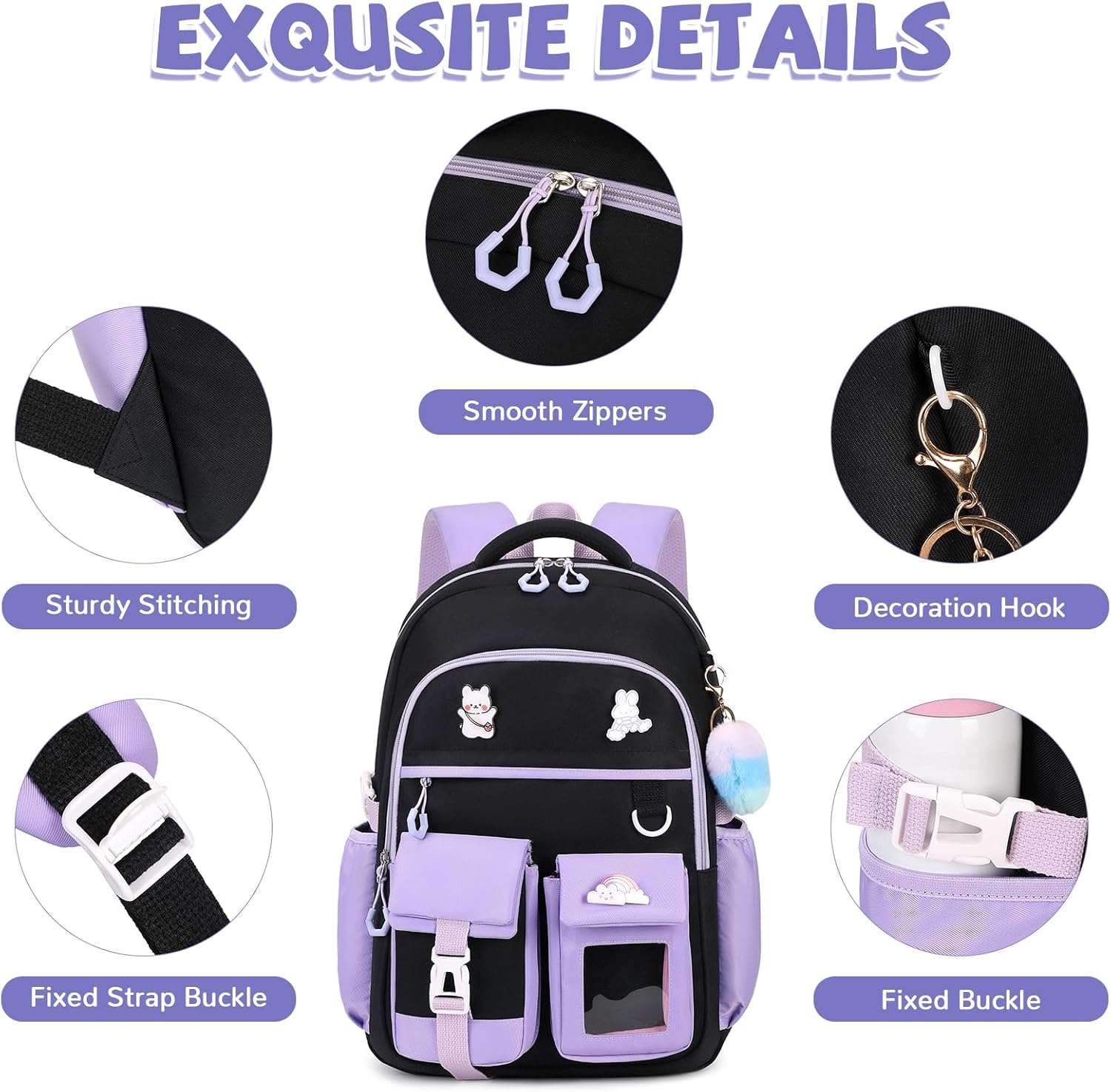 Girls Backpack, Lightweight Kids Backpack Kawaii School Backpacks Bookbag for Primary Elementary School,Age 6-14 years,Green Match Purple(Luggage Strap Ver)