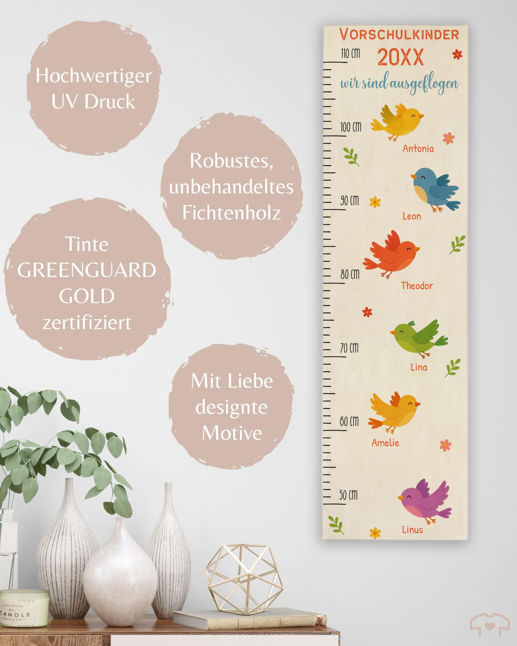 Messlatte Kind Holz - Abgänger - Abschiedsgeschenk Kindergarten Vogelhaus Wir sind ausgeflogen Bienen mit bis zu 24 Namen I Kita Geschenk für Kindergartengruppe Abschied - 50-110 cm - Holz