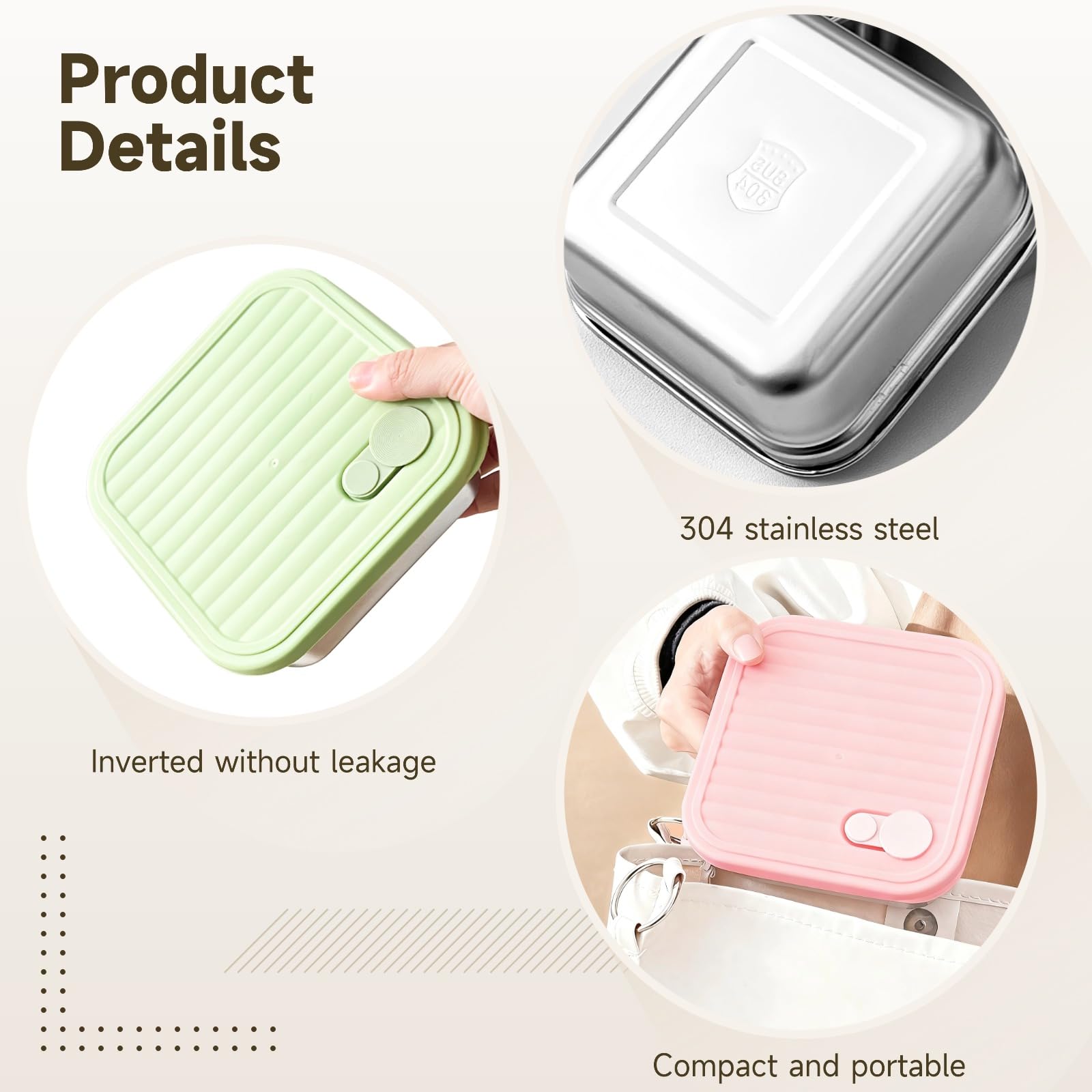 Lot de 4 boîtes repas en acier inoxydable, 2 compartiments simples 21,9 oz, 2 compartiments doubles 20,3 oz, contenants métalliques pour snacks, fruits, sandwichs, déjeuner à emporter