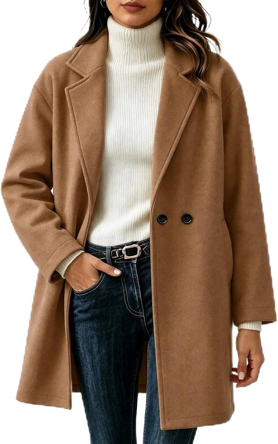 Women's Notched Lapel Long Coat Button Front Classic Winter Jacket