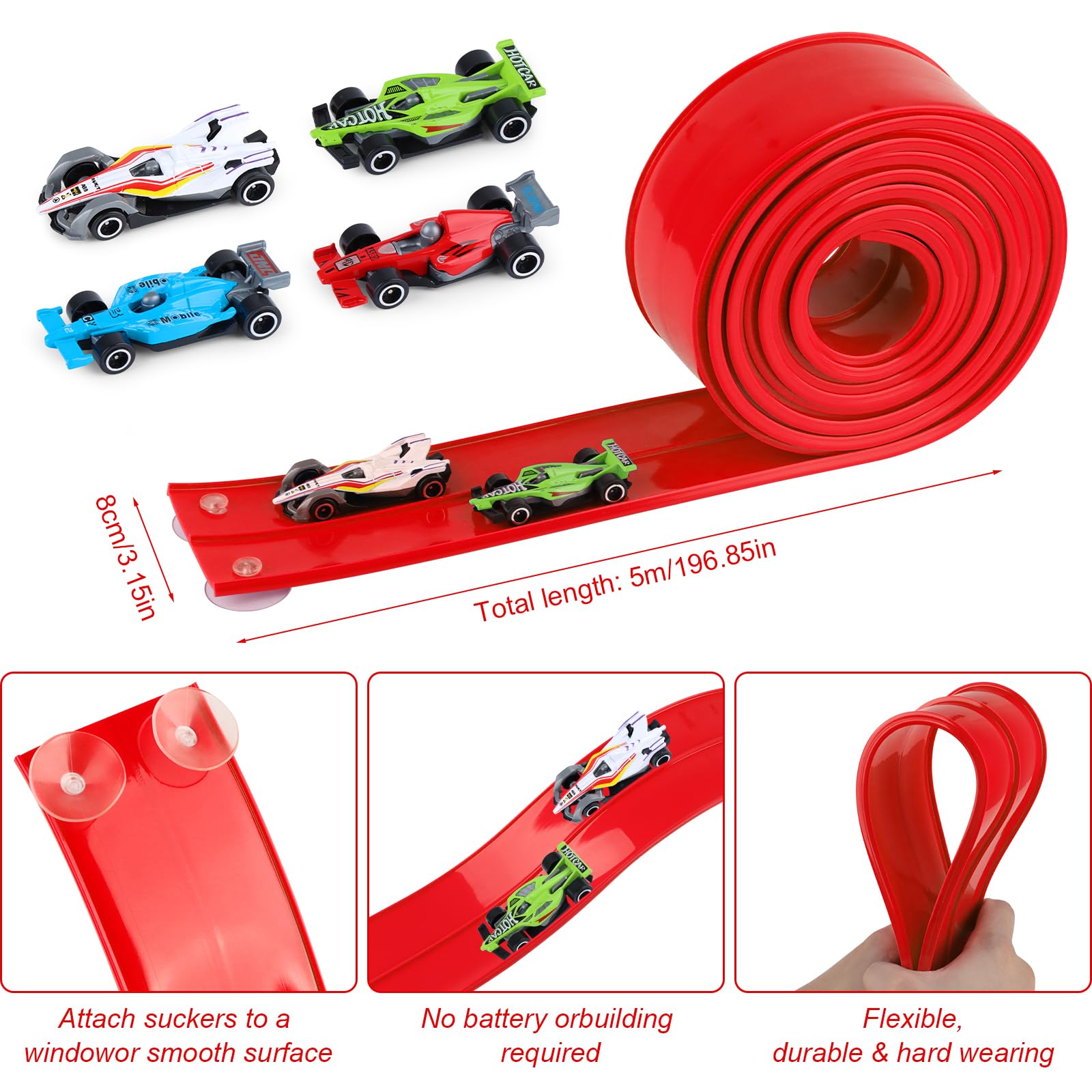 Tahbarshi Flexible Car Track Toy 5m Includes 4 Cars, Speed Track for Indoor Outdoor Play Rolls Up Portable Dual Race Track - Image 3