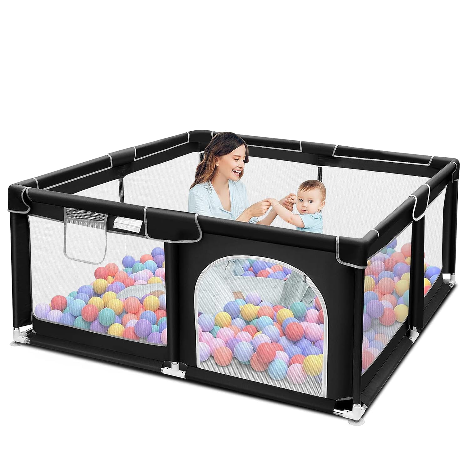 Baby Playpen for Babies & Toddlers | Large Indoor-Outdoor Kids Activity Play Yard with Breathable Mesh Safety Fence | Ball Pit Play Area for 3-10 Years | Easy to Assemble (Black)-picture-17