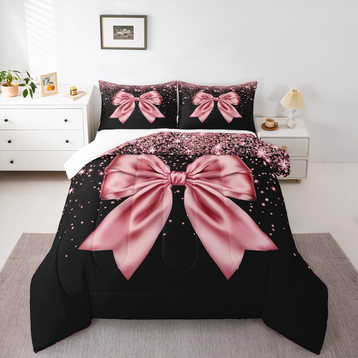 Pink Bowknot Kids Comforter Set Queen Size,Pink Glitter Dreamy Girlish Bedding Set,Girls Boys Adults Room Decor,Beauty Glamorous Fashion Down Comforter,Sweet Romantic Duvet Insert,2 Pillowcases