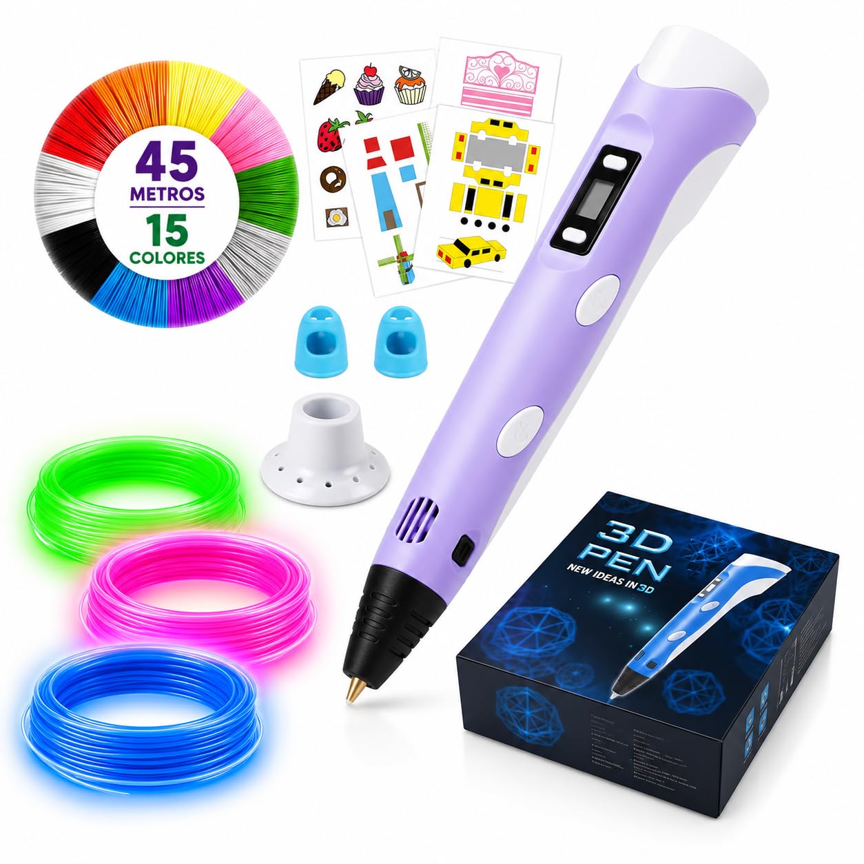 Bolígrafo 3D de Precisión | Kit Completo con 45 m de Filamento PLA (15 Colores) 3 Fluorescentes | Velocidad Regulable | Herramienta para Manualidades y Reparaciones. Pen 3D