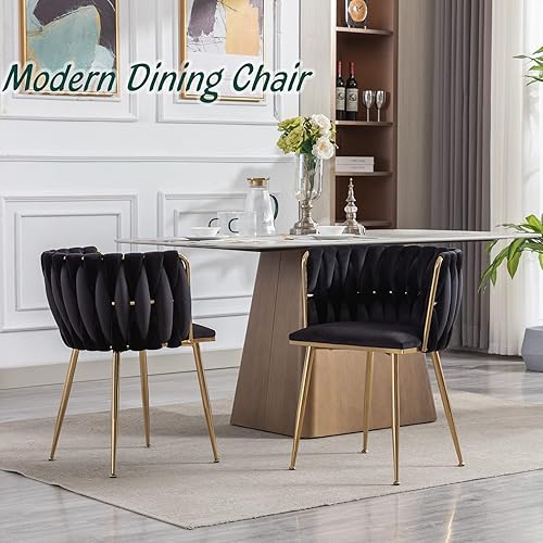 Miniatura 2 de Homtique Juego de 2 sillas de comedor modernas de terciopelo tejido con patas de metal dorado, sillón tapizado de lujo para cocina, tocador, sala de