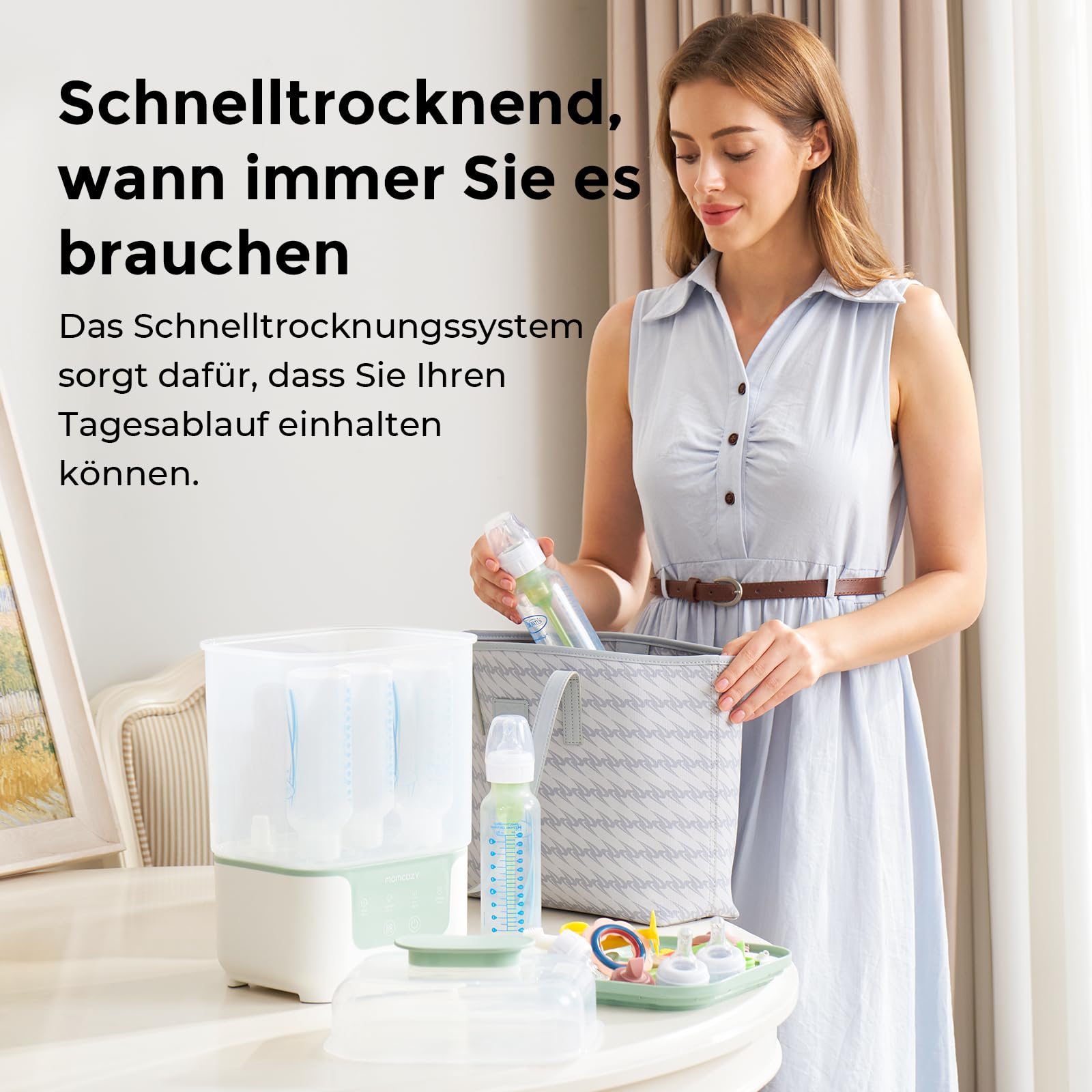 Momcozy Dampfsterilisator und Trockner für Babyflaschen | 4-in-1 kompakte Flaschensterilisator mit Trocknerfunktion | 6 Flaschen, 8 Min Schnellsterilisation, BPA-frei | Für Milchpumpe Zubehör