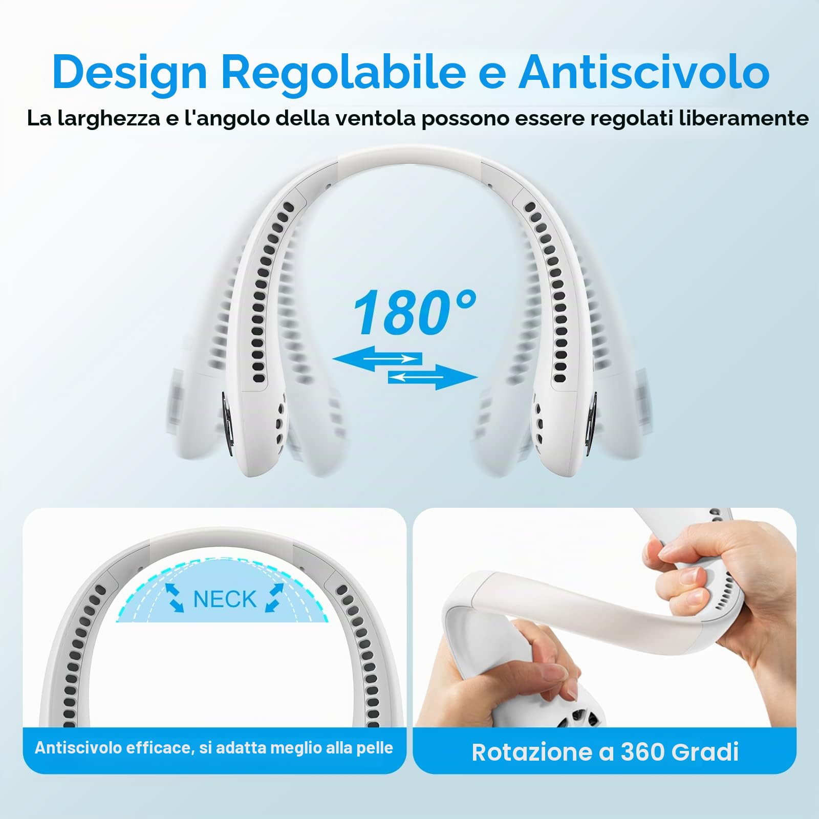 Ventilatore da collo, Ventilatore collo Portatile, Mini Ventilatore USB Flusso d'Aria a 360° con USB Ricaricabile Silenzioso, 3 Velocità Ventolino Senza Lama per Ufficio, Viaggi, Casa, Aria Aperta