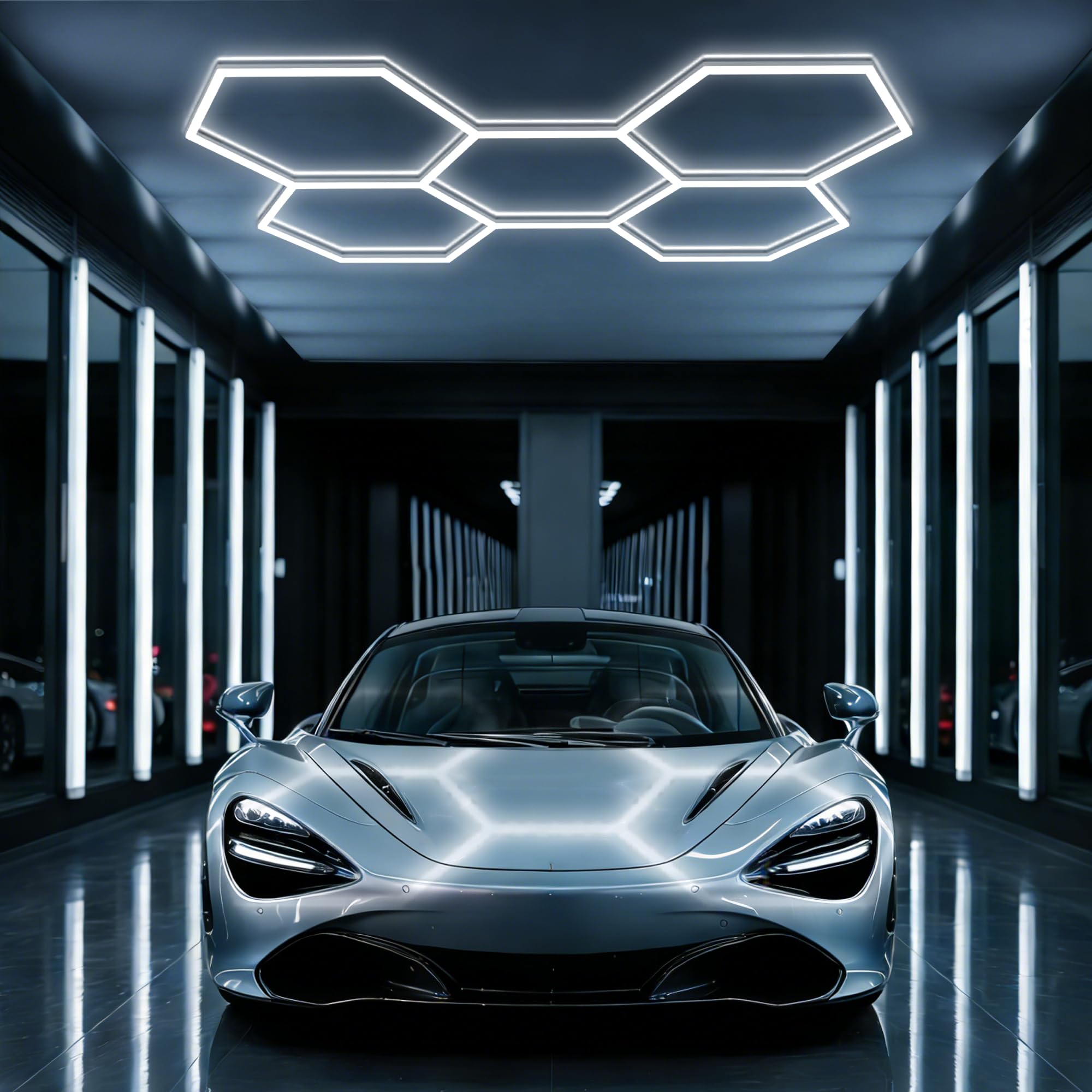 FTL Hexagon LED Garage Ceiling Light,5 Grid Honeycomb LED Tube Light for Garage,192W 6500K Cool White DIY Car Detailing Linkable Ceiling Light, Hexagonal Garage Light for Auto Car Wash,Workshop,Office