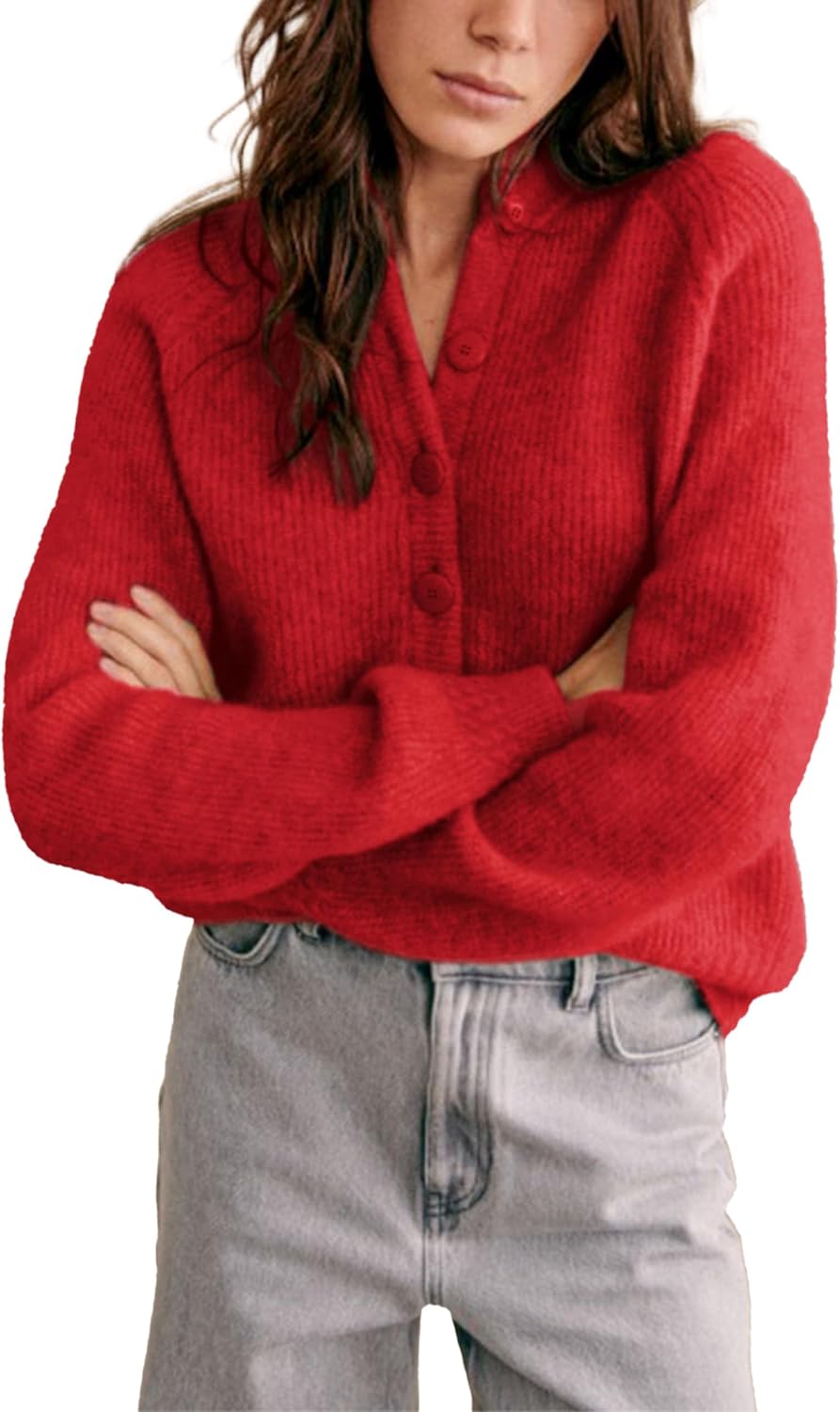 Bianstore Womens Casual Long Sleeve Crewneck Button Down Cardigan Chunky Knit Open Front Sweater Tops(Red-S)